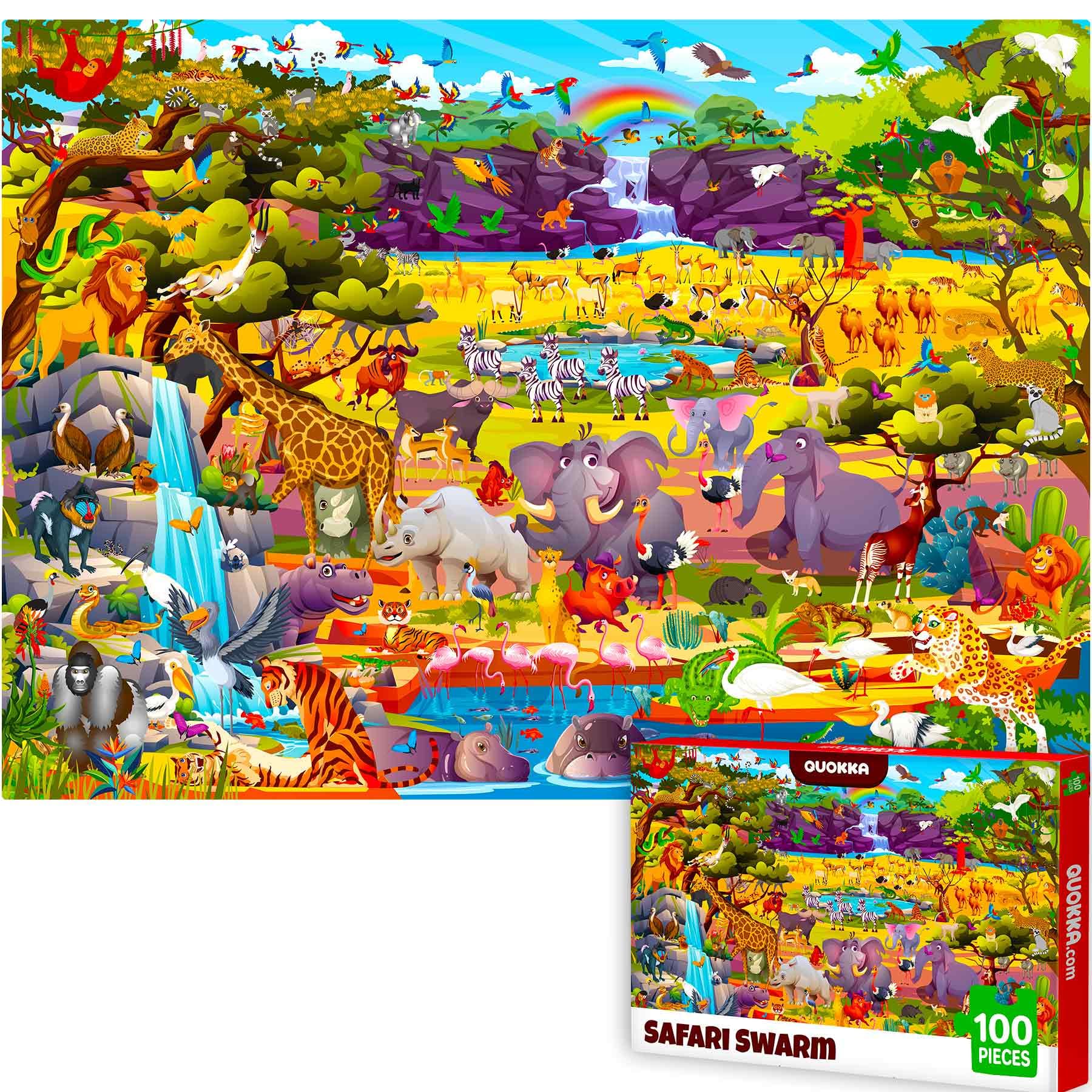 QUOKKA 100 Piece Puzzles for Kids Ages 6-8 – Intricately Illustrated Safari Animals Puzzle for Kids Ages 8-10 – Educational Busyland Game Packed with