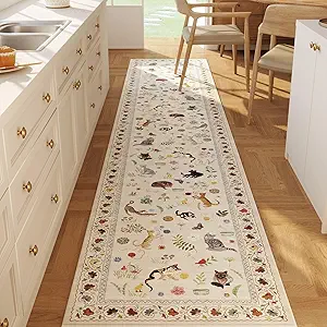 Runners for Kitchen Runner Rug Non Slip 2'x10' Long Washable Rugs with Rubber Backing Soft Floral Animal Cat Carpet Runner for Kitchen Laundry Bedroom Bathroom, Beige