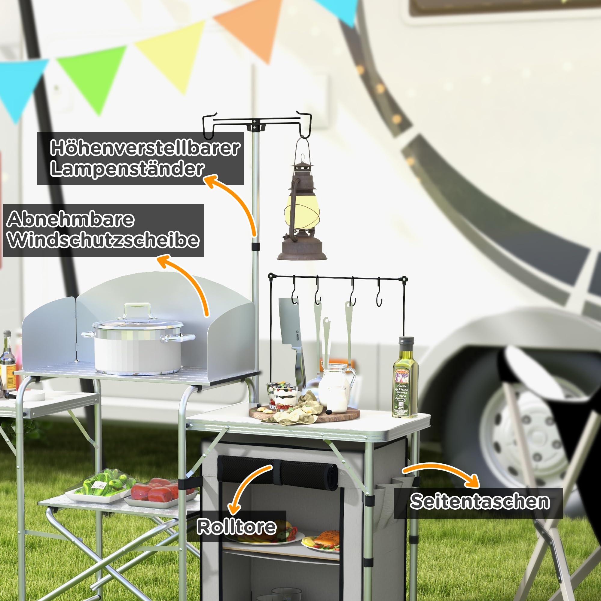 Outsunny Campingküche klappbar, Outdoor Küche mit Windschutz, UV-Schutz, 3 Arbeitsplatten, Schränkfach, Lichtständer, Aluminium, für Garten Camping, Silber