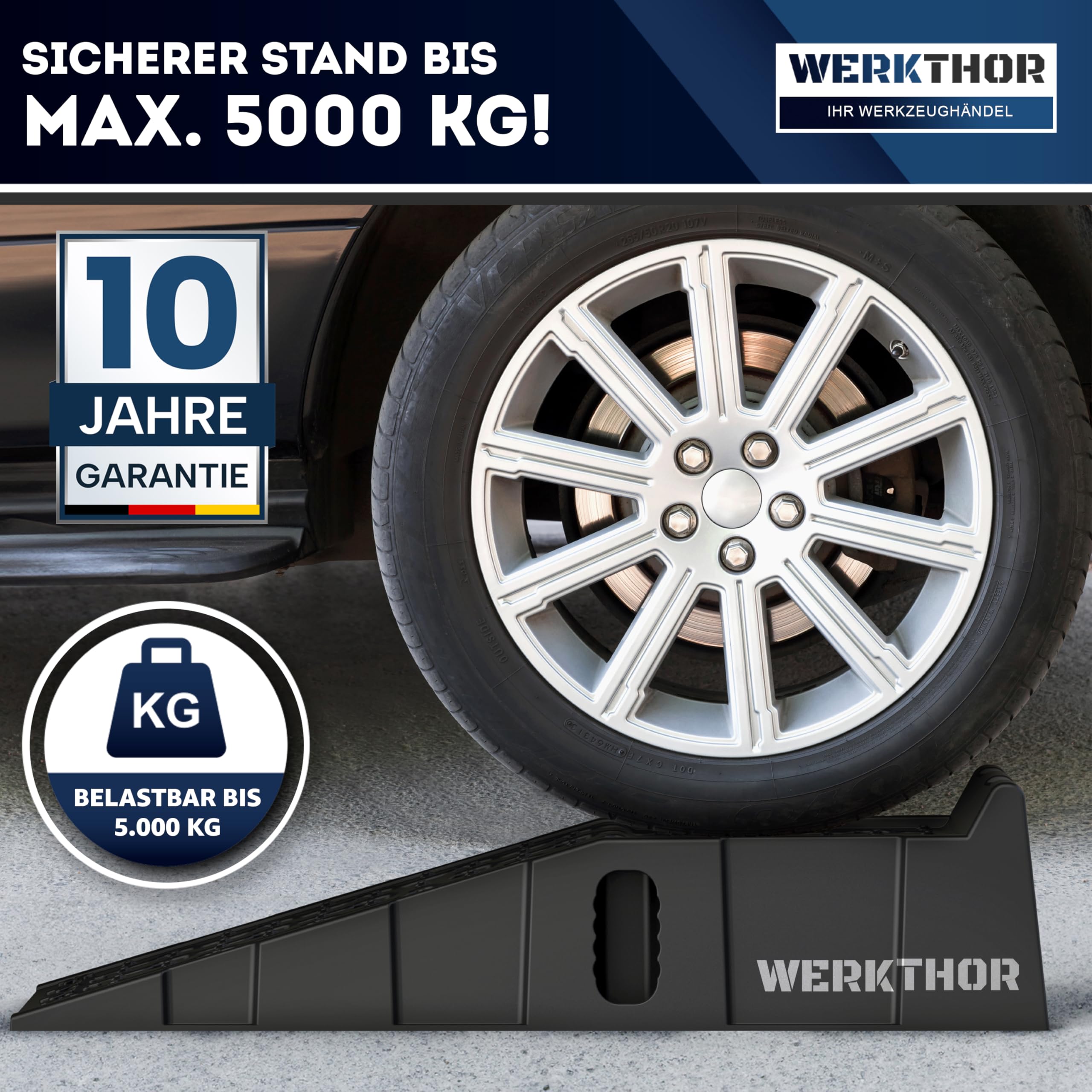 WERKTHOR Auffahrrampe PKW - [2er Set] Auffahrrampen für maximalen Halt [<5T] - Hochbelastbare Rampe Auto für jeden Untergrund - Auto Rampen 2 Stück