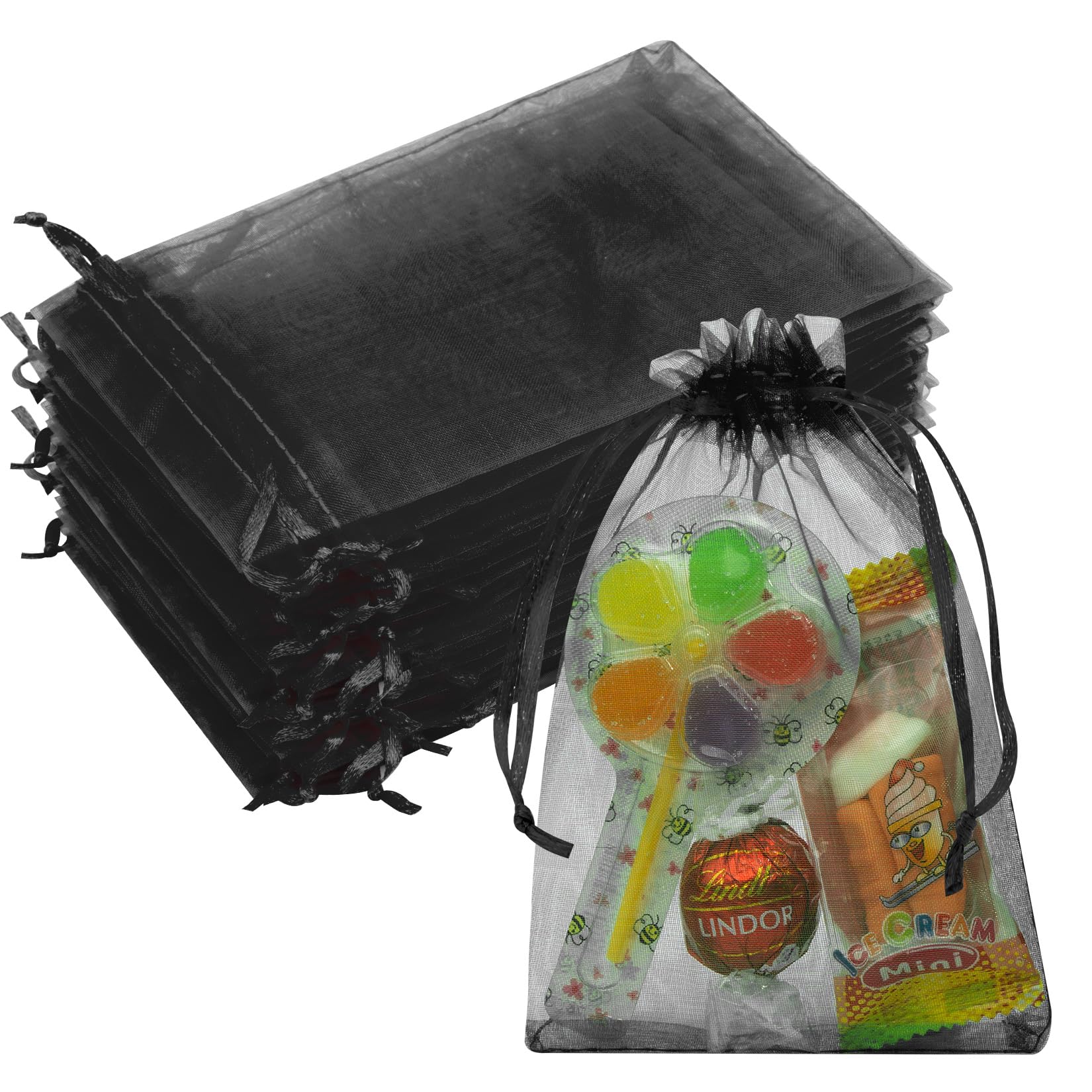 50PCS Black Organza Bags 4x6, Small Gift Bags Mini Mesh Pouches Drawstring for Goodie Candy Jewelry Sachet Favors Wedding Birthday Treats Party Favors Halloween Christmas, Gifts Wrapping