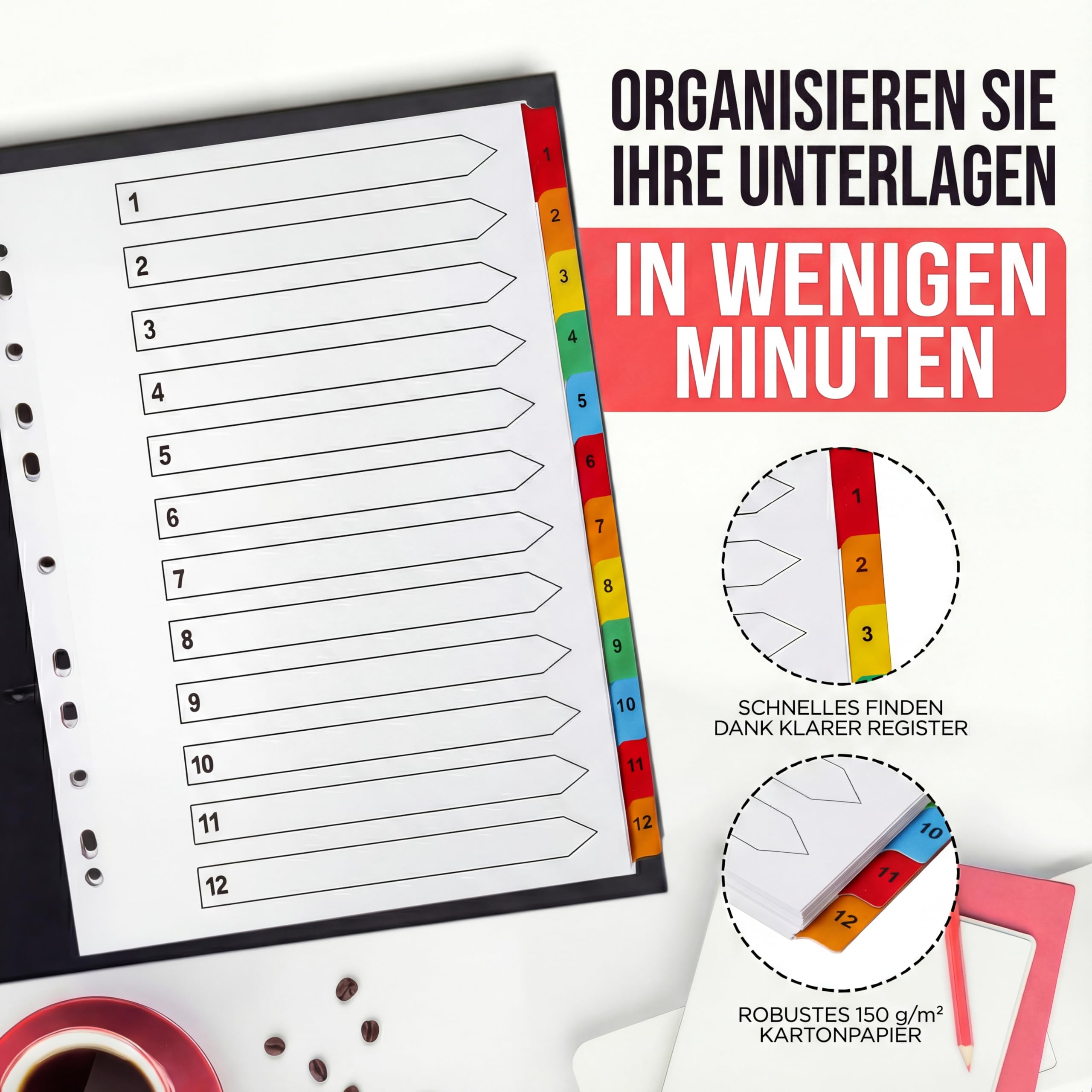 The Paper Shop Register für Ordner A4+ Extra Breit - 12-teilig Nummeriert (10 Pack) | Trennstreifen & Unterteiler für Ringordner | Extra Breite Trennblätter Großpack - 120 Stück