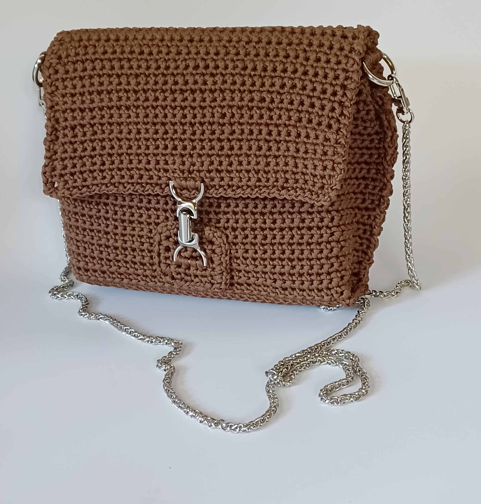 Generico Borsa a Tracolla Uncinetto Fatta a Mano, Marrone Moka, Cordino Italiano, con tracolla 120 cm, 25x17x6 cm