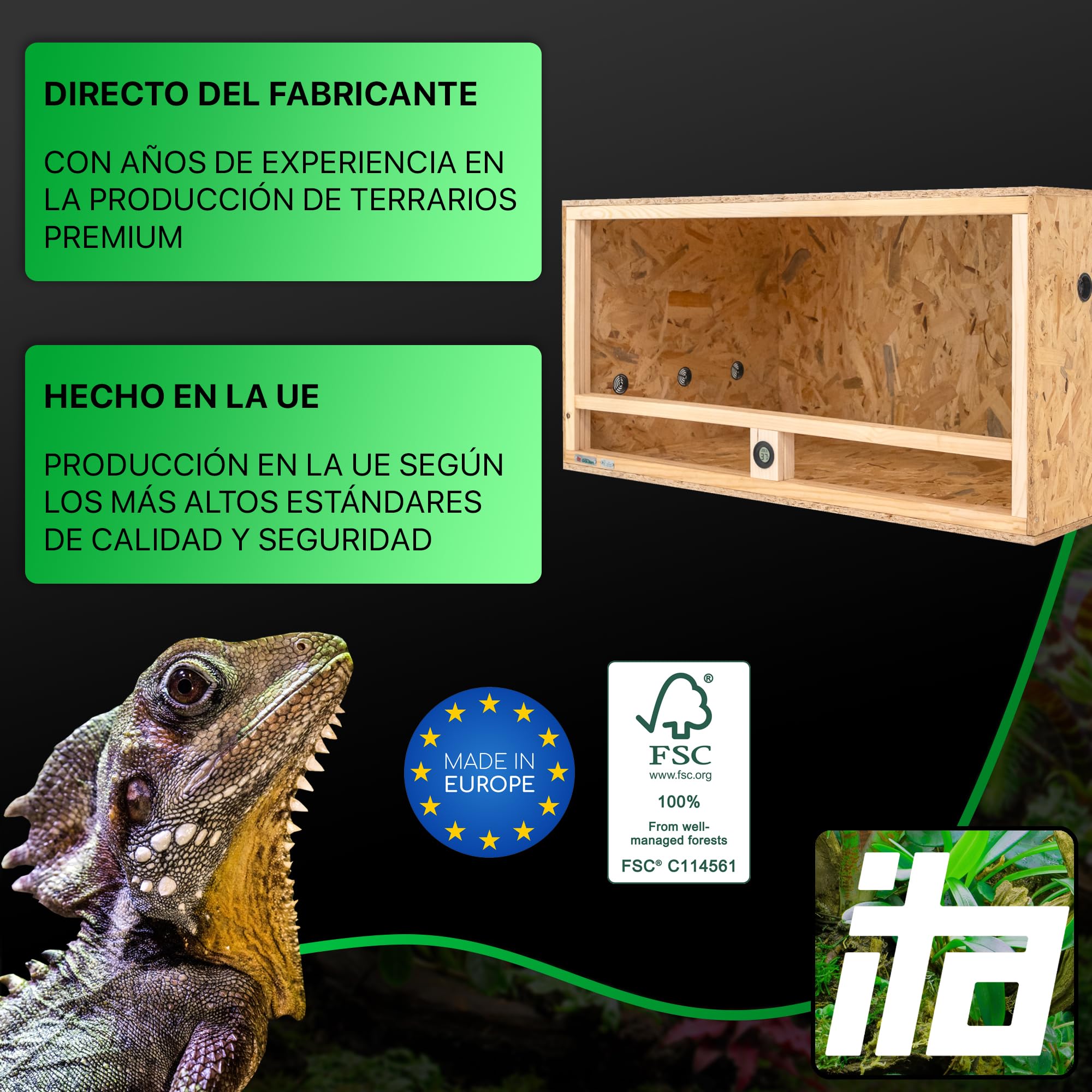 ITA Terrario de Madera 100x60x50 cm con ventilación Lateral e higrómetro Integrado - Terrarios de OSB-3 - para Reptiles, Serpientes, Anfibios - Producto UE, Certificado FSC