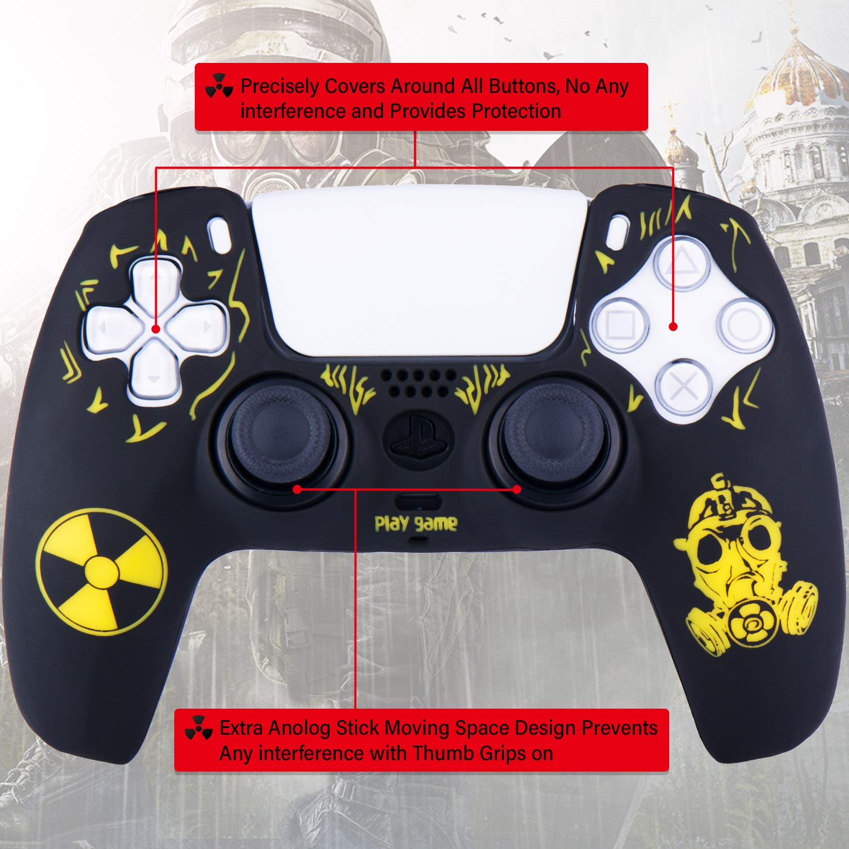 YoRHa Intaglio Laser Cassa Pelle Copertura Silicone Skin Cover Custodia per PS5 Dualsense Controller x 1 (Giallo di Radiazione) Con PRO Presa del Pollice Thumb Grips x 8