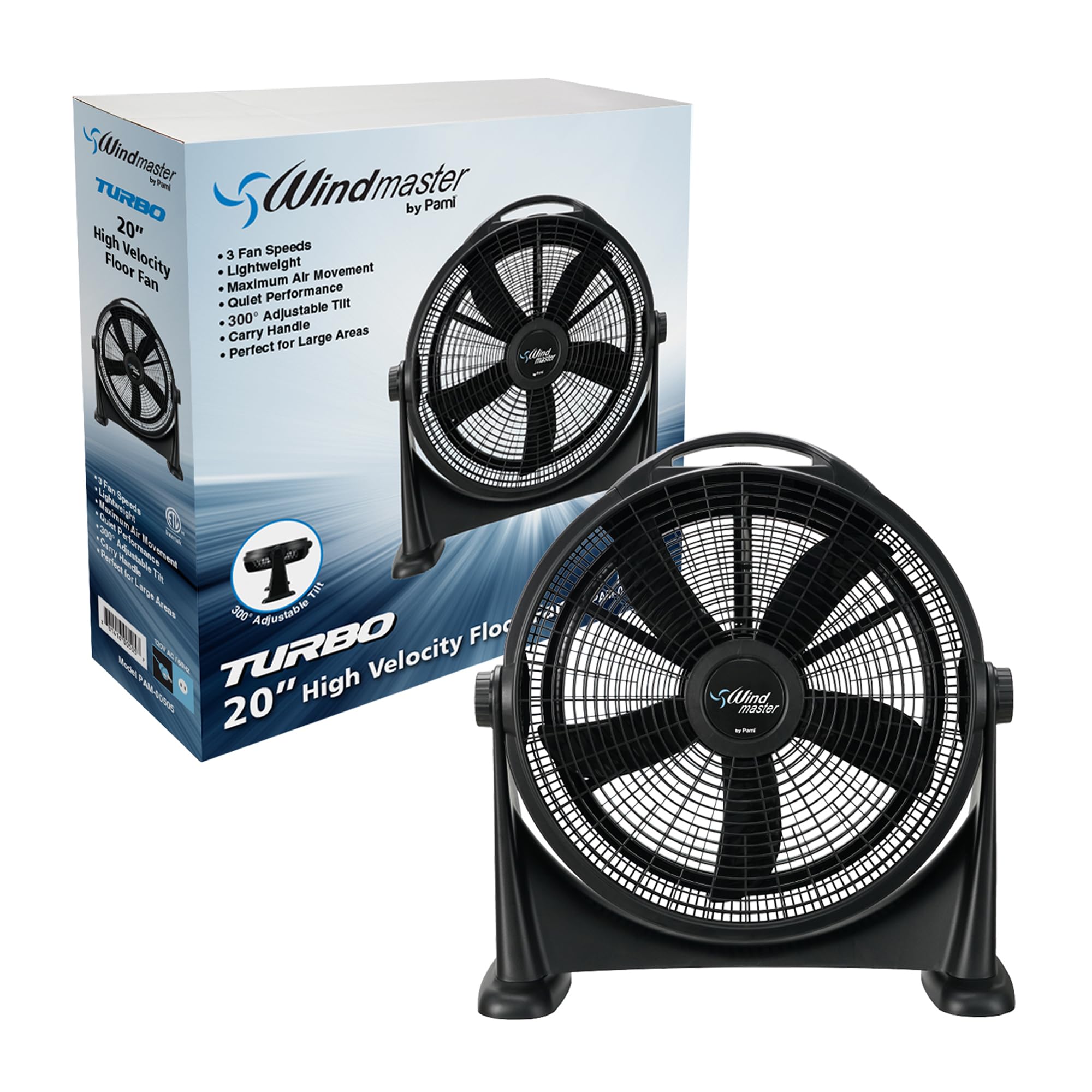 PAMI Turbo 20” High-Velocity Floor Fan - Quiet Portable Fan With 3 Speed Levels & Carry Handle- Adjustable Head Powerful Air Flow Industrial Fan- Heavy-Duty Electric Box Fan For Bedroom Home Office