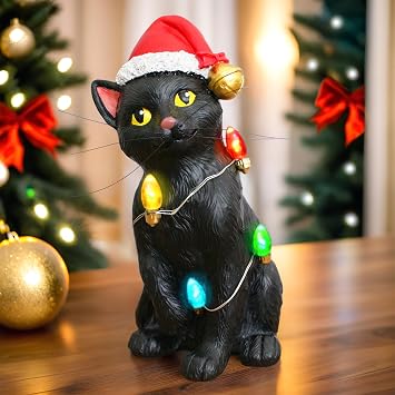 Festive Black Cat with LED Lights Figurine, 7 Cute Home Decor Statue
