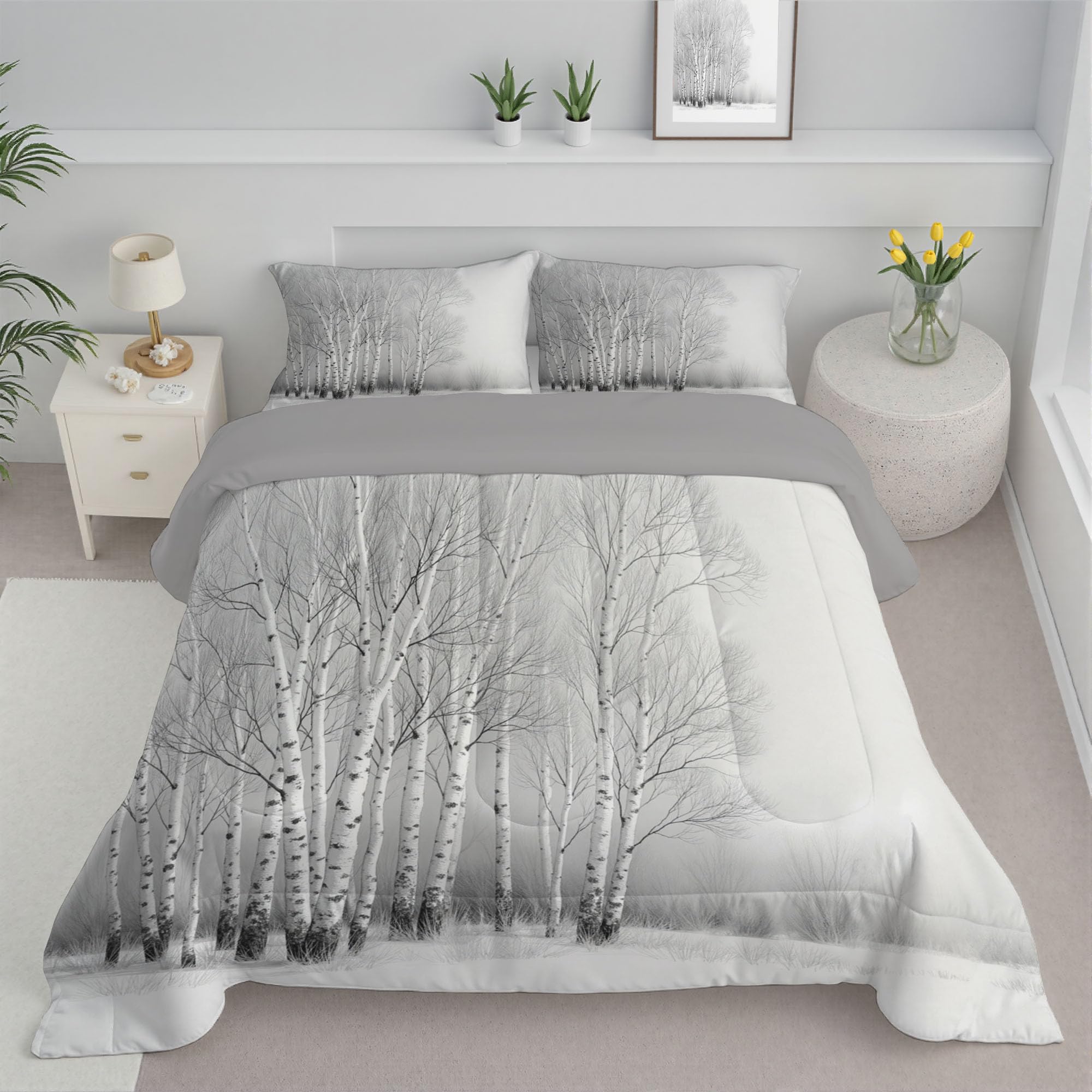 Edredón Cama 180 Abedules Juego de Edredón Reversible Bosque De Invierno Nórdico Acolchado Ligero y Cálido con Fundas para Cualquier Temporada, Gris, 260x230cm