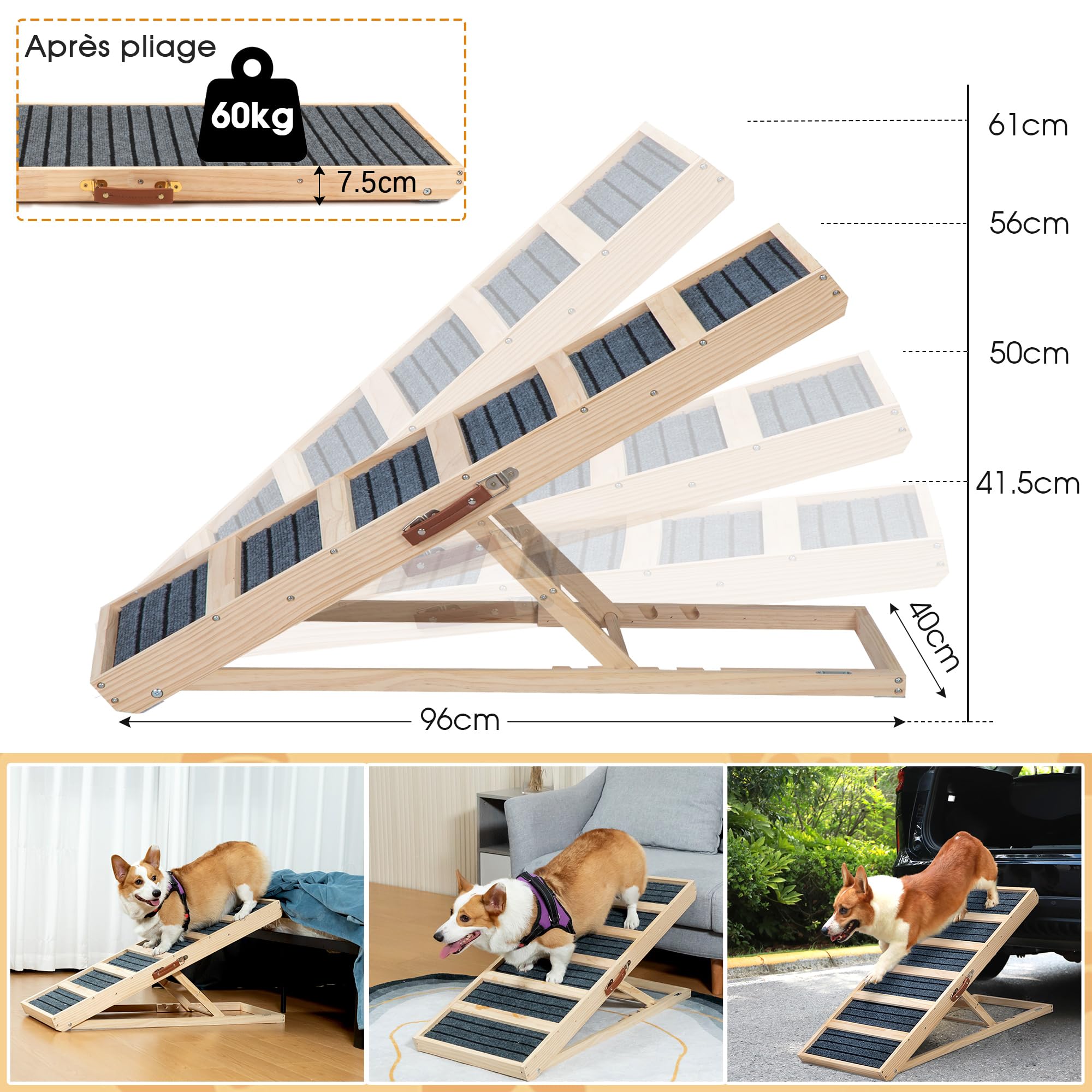 Hunderampe Klappbar aus Massivholz Höhenverstellbar mit abnehmbaren Anti-Rutsch-Leisten Für ältere Hunde & Katzen mit Mobilitätseingeschränkung Leicht & Tragbar für Auto, Sofa, Bett