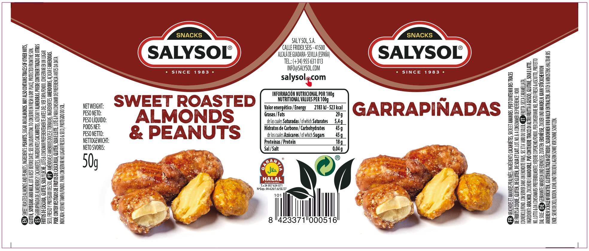 SALYSOL Frutos secos garrapiñados mezcla 10x50g almendras tostadas cacahuetes