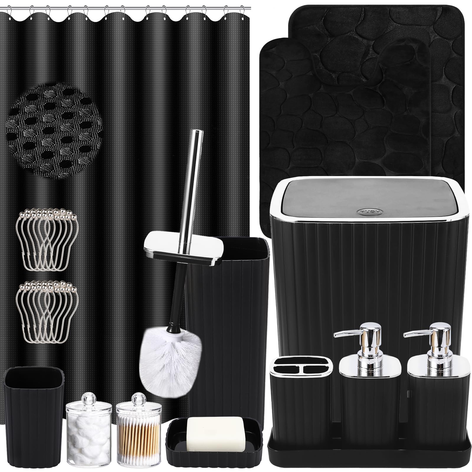 XLHOMO Black Bathroom Set with Shower Curtain and Rugs