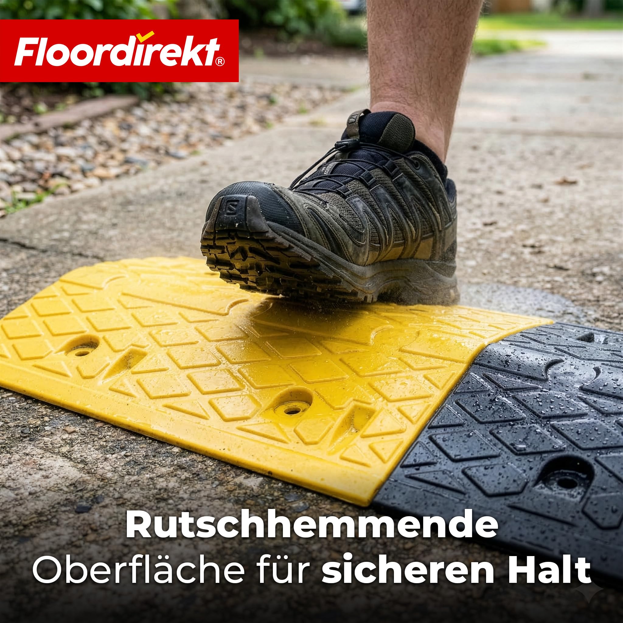 Floordirekt Gummi Bodenschwelle 2-teilig Hochwertige, Fahrbahnschwelle für effektive Geschwindigkeitsbegrenzung, Temposchwelle, (Schwarz-Gelb, 100 x 35 x 5 cm - Vento)