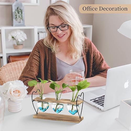 Miniatura 2 de takfot Estación de propagación de plantas con soporte de madera, maceta de vidrio de mesa de terrario para plantas de aire hidropónicas, decoración