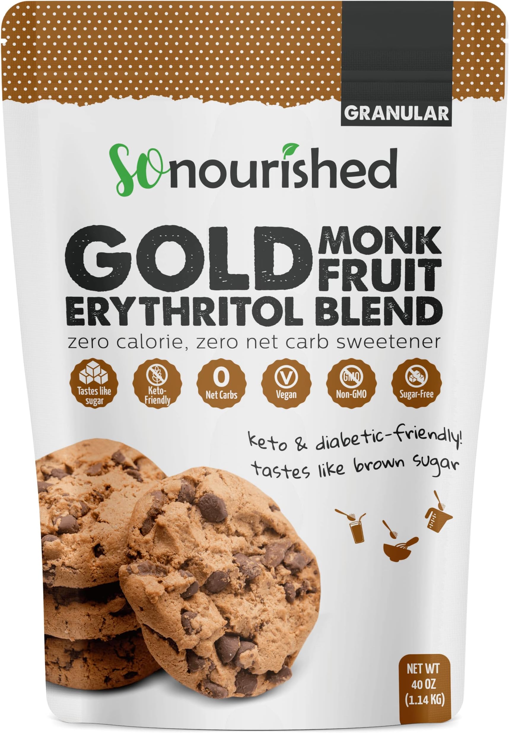 So Nourished GOLD Brown Sugar Alternative Substitute 1:1 Sugar Replacement - Monk Fruit Erythritol Sweetener for Low Carb Dieters and Diabetics - No Calorie Sweetener, Non-GMO (2.5 Pounds)