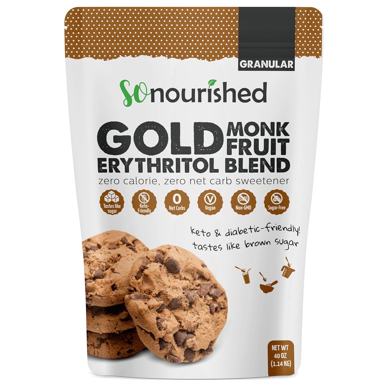 So Nourished GOLD Brown Sugar Alternative Substitute 1:1 Sugar Replacement - Monk Fruit Erythritol Sweetener for Low Carb Dieters and Diabetics - No Calorie Sweetener, Non-GMO (2.5 Pounds)