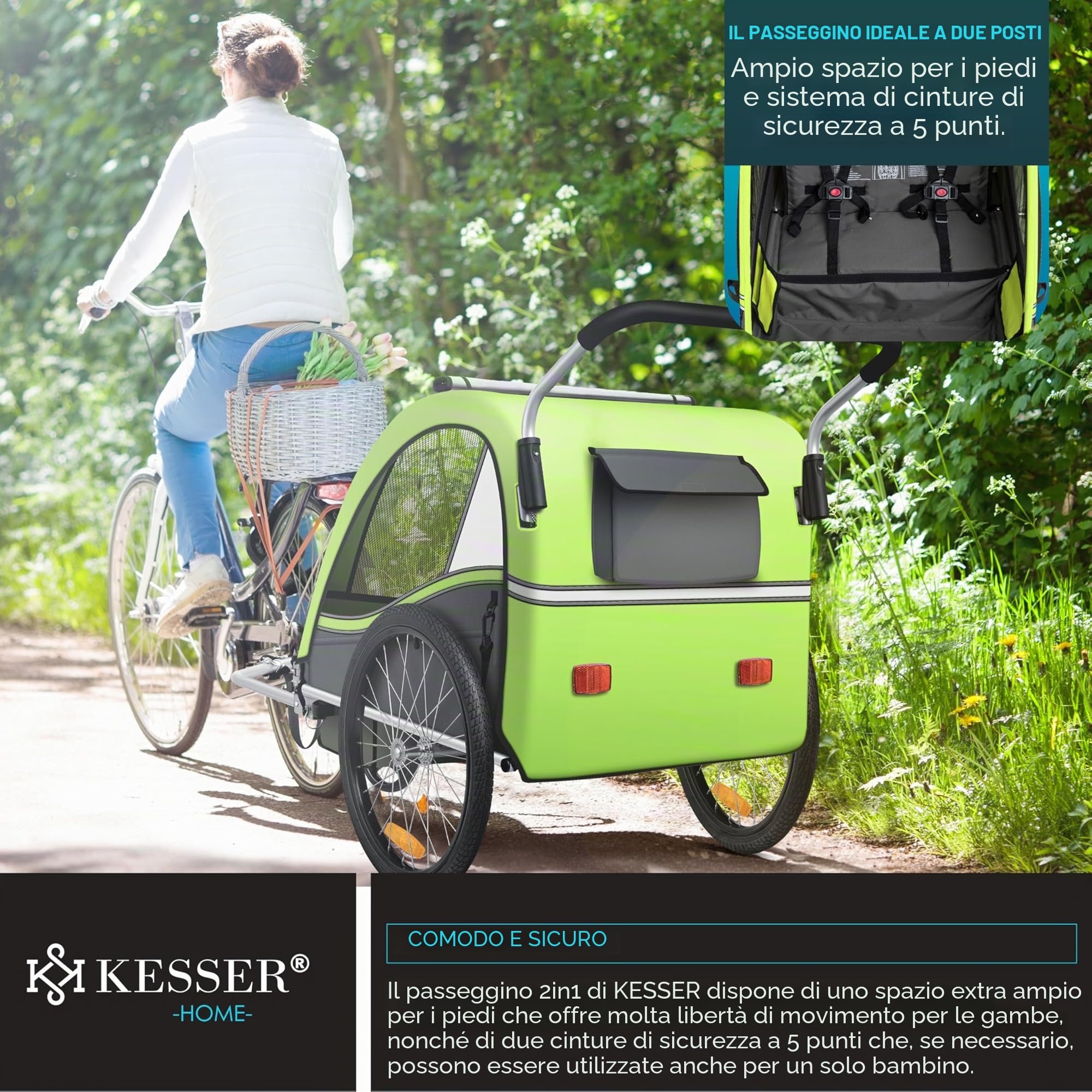 KESSER® Rimorchio per bambini da bicicletta Sport-RX 2 in 1 funzione jogging cintura di sicurezza a 5 punti ruota anteriore girevole 360°