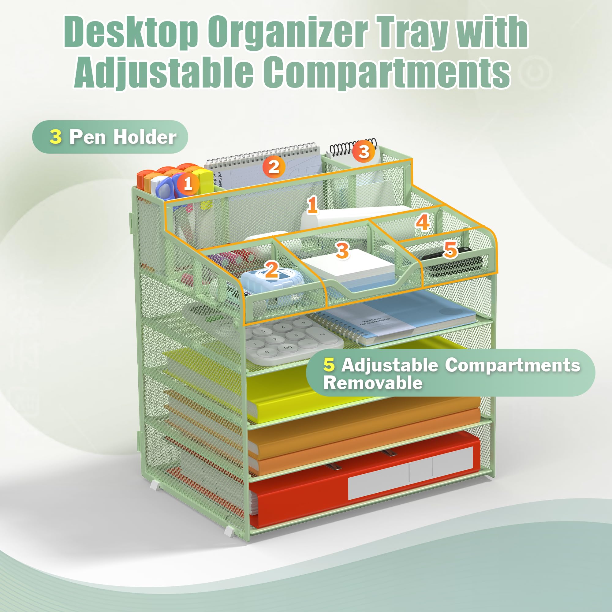 Docnest Organizer da scrivania a 5 ripiani in rete per forniture di carta per ufficio - Vassoio portalettere multifunzione con 5 scomparti regolabili, 3 portapenne, archiviazione da scrivania per
