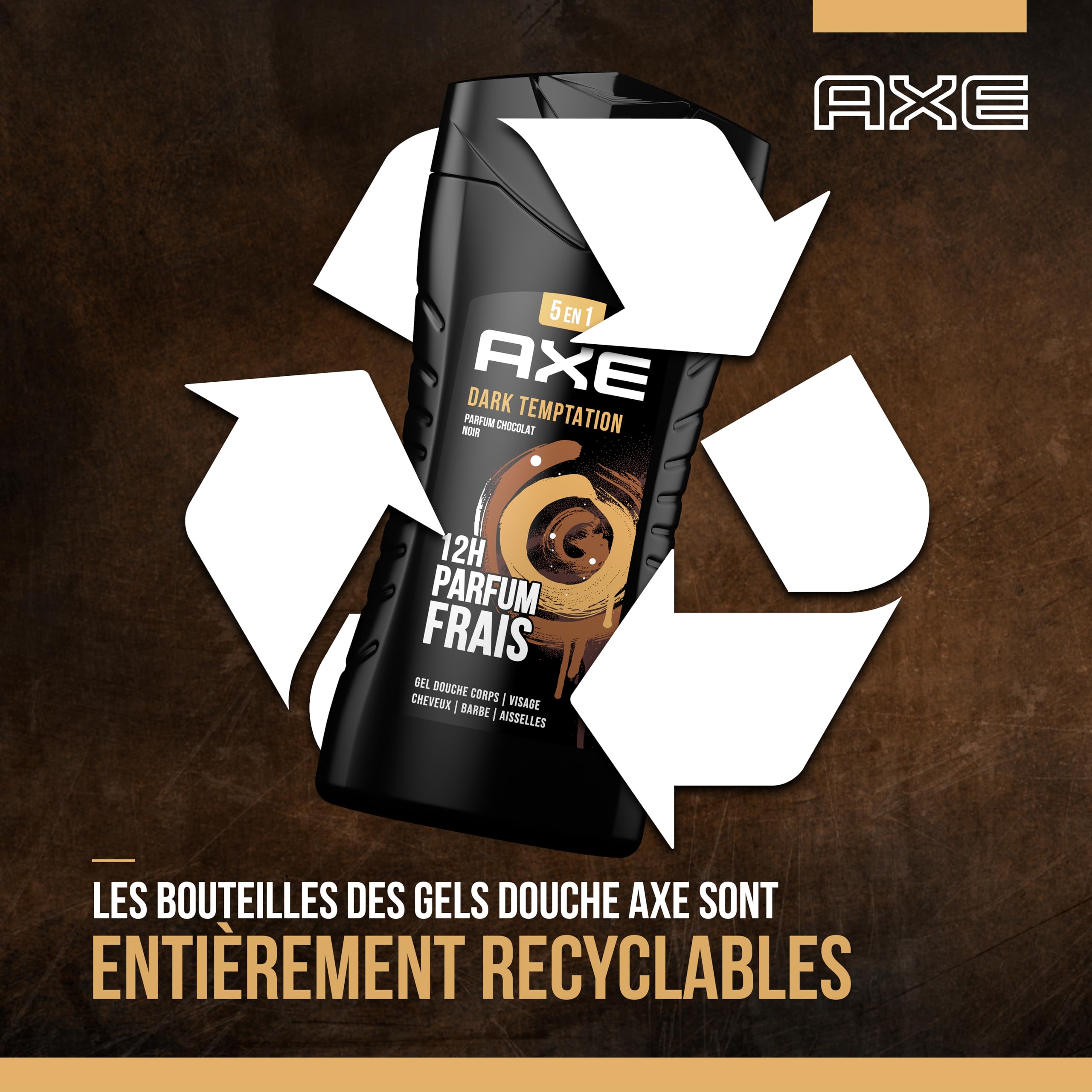 AXE - Gel Douche Homme 5en1 Dark Temptation - 24h Hydratant - 87% d'Ingrédients d'origine naturelle - parfum chocolat gourmand (lot de 12x 250ml)
