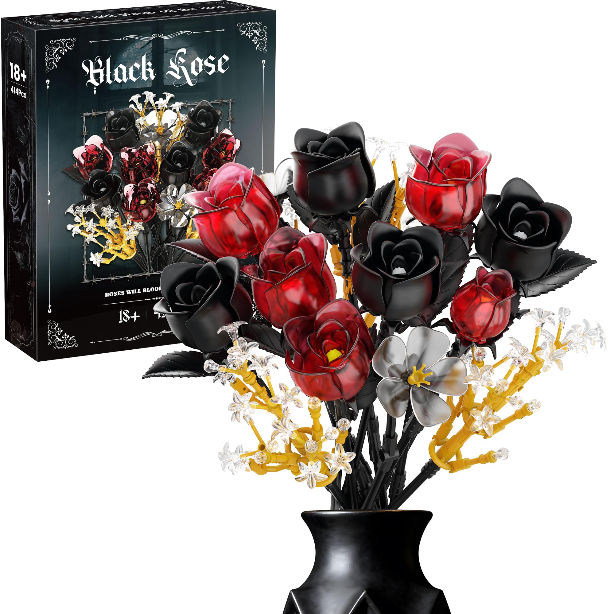 Soolio Rose Flower Bouquet Building Set for Adults, Anniversary Birthday Gift for Women Teen Girlfriend, Artificial Floral Botanicals Collection Gothic Decor for Home or Office (414 PCS)