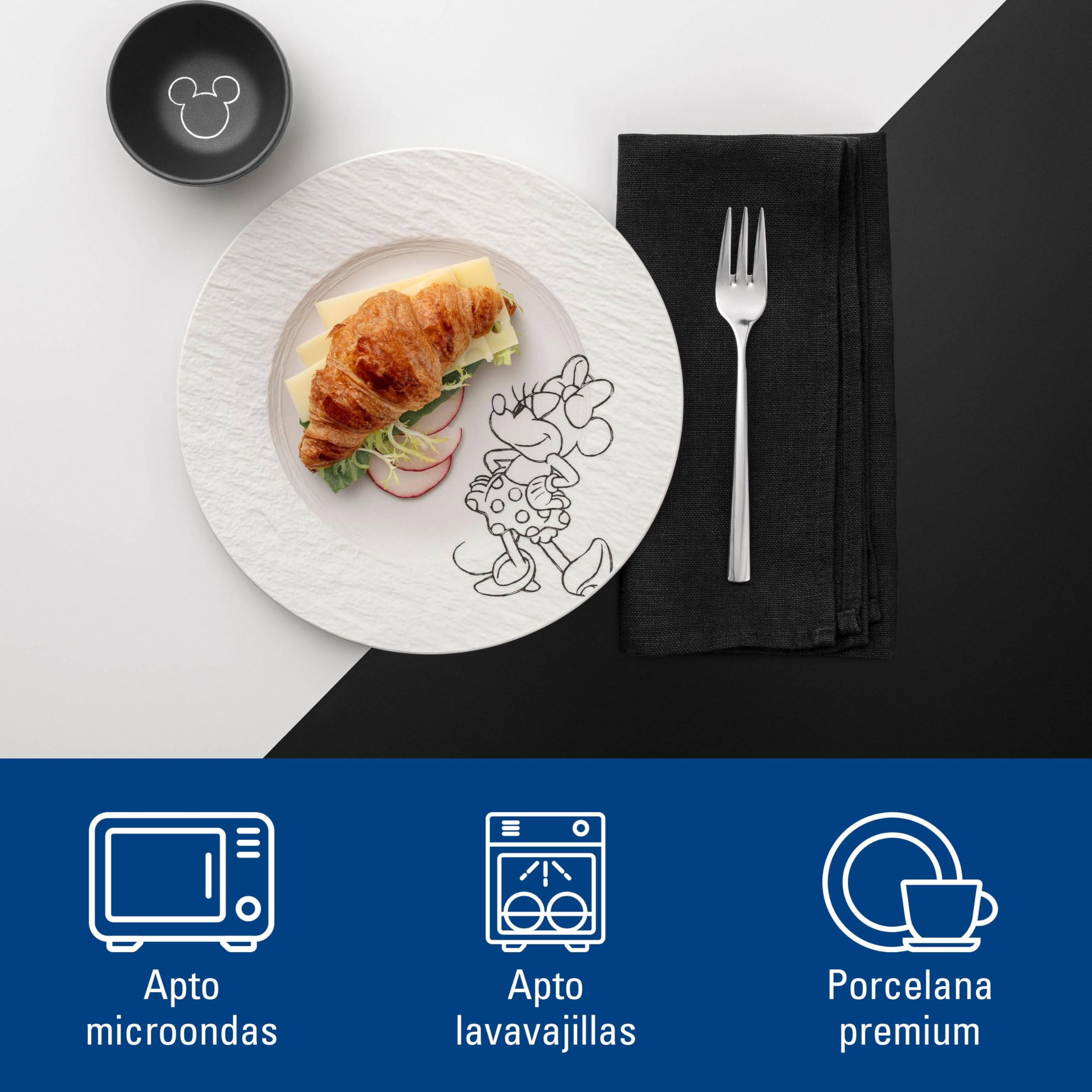 Villeroy & Boch Manufacture Rock blanc – Mickey Mouse – Plato para desayuno/postre, blanco, para lavavajillas y microondas, acabado de pizarra y decoración de Disney Mickey Mouse en tiza