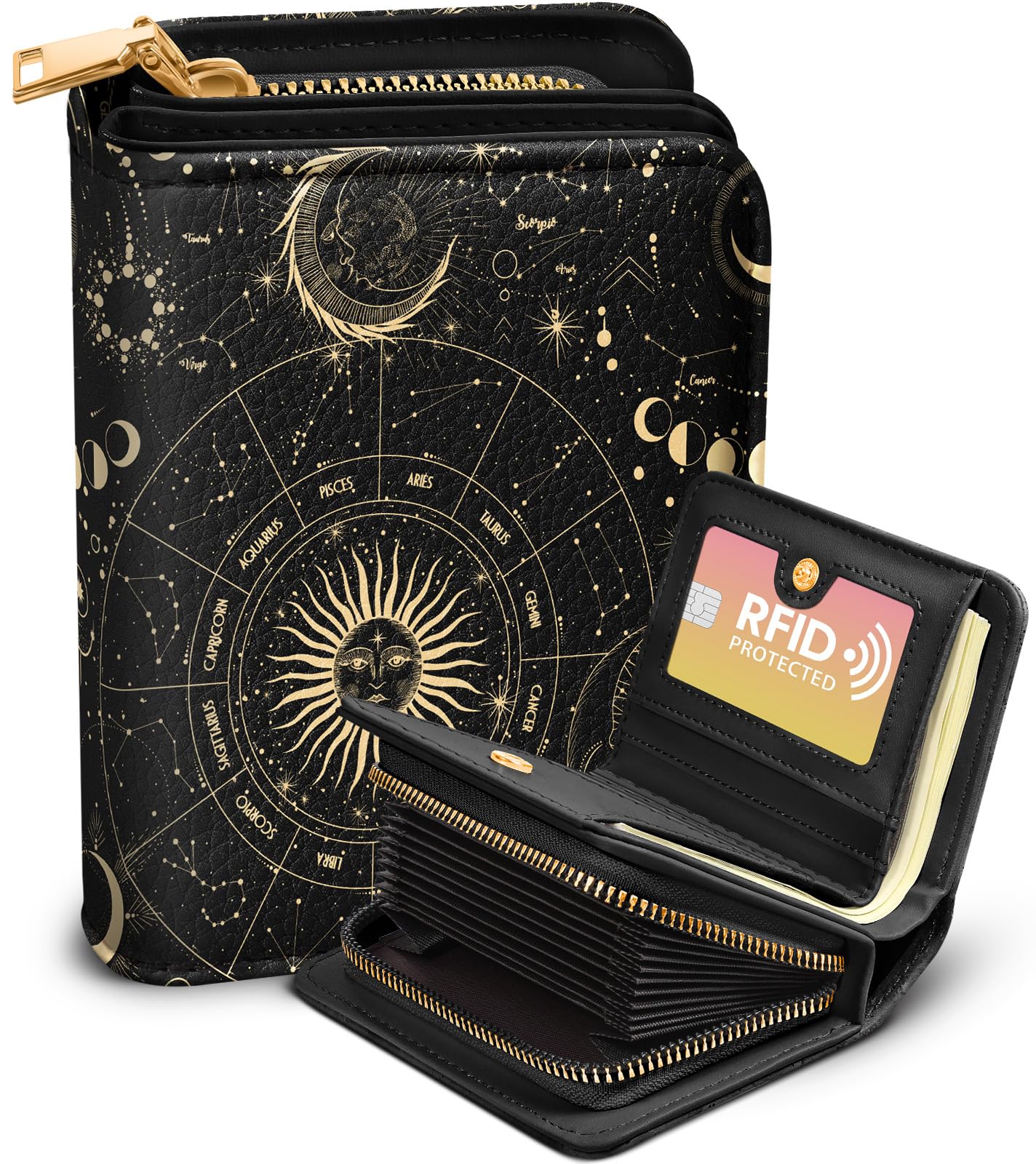 Bistup Credit Card Holder Wallet for Women Cute Leather Ladies Teen Girls Female Cardholder Wallets Accordion Purse Small Medium Aesthetic Print Stars