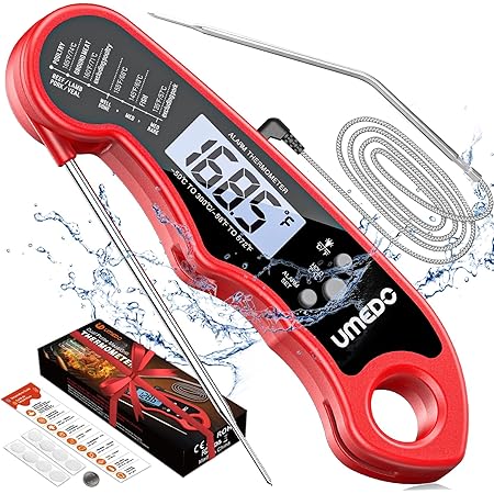 Digital Meat Thermometer, Umedo 2 in 1 Waterproof Instant Read Food Thermometer with Alarm Set, LCD Backlight & Calibration, Dual Probe Magnet Cooking Thermometer for BBQ, Candy, Liquid - Red