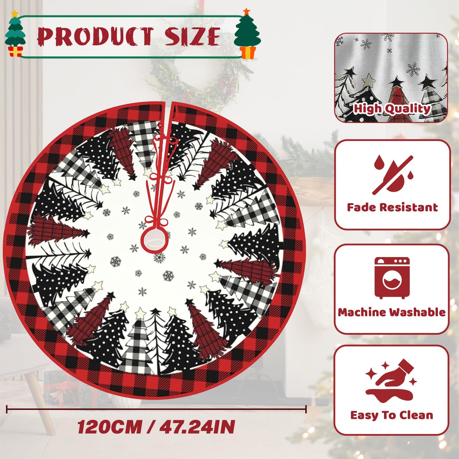 ZoneYan Falda de Árbol de Navidad, 120cm Rojo Manta para Árbol de Navidads, Alfombra arbols de Navidads, Base Arbols de Navidad, Faldon Arbol Navidades para año Nuevo Decoración (Árbol de Navidad)