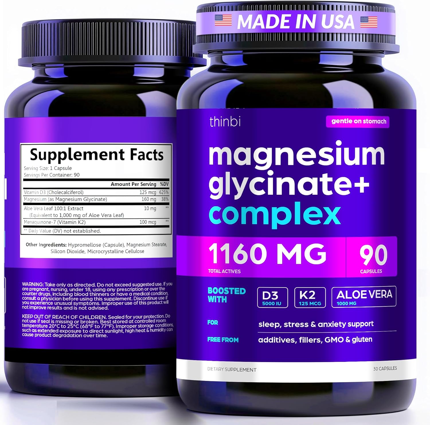 Magnesium Glycinate 1160mg + Aloe Vera, D3 & K2 Complex 90 Capsules – High Absorption, Non-Laxative – Supports Healthy Stress Response, Muscle Function & Healthy Metabolism Chelated Formula Magnesium Glycinate 1160mg + Aloe Vera, D3 & K2 Complex 90 Capsules – High Absorption, Non-Laxative – Supports Healthy Stress Response, Muscle Function & Healthy Metabolism Chelated Formula