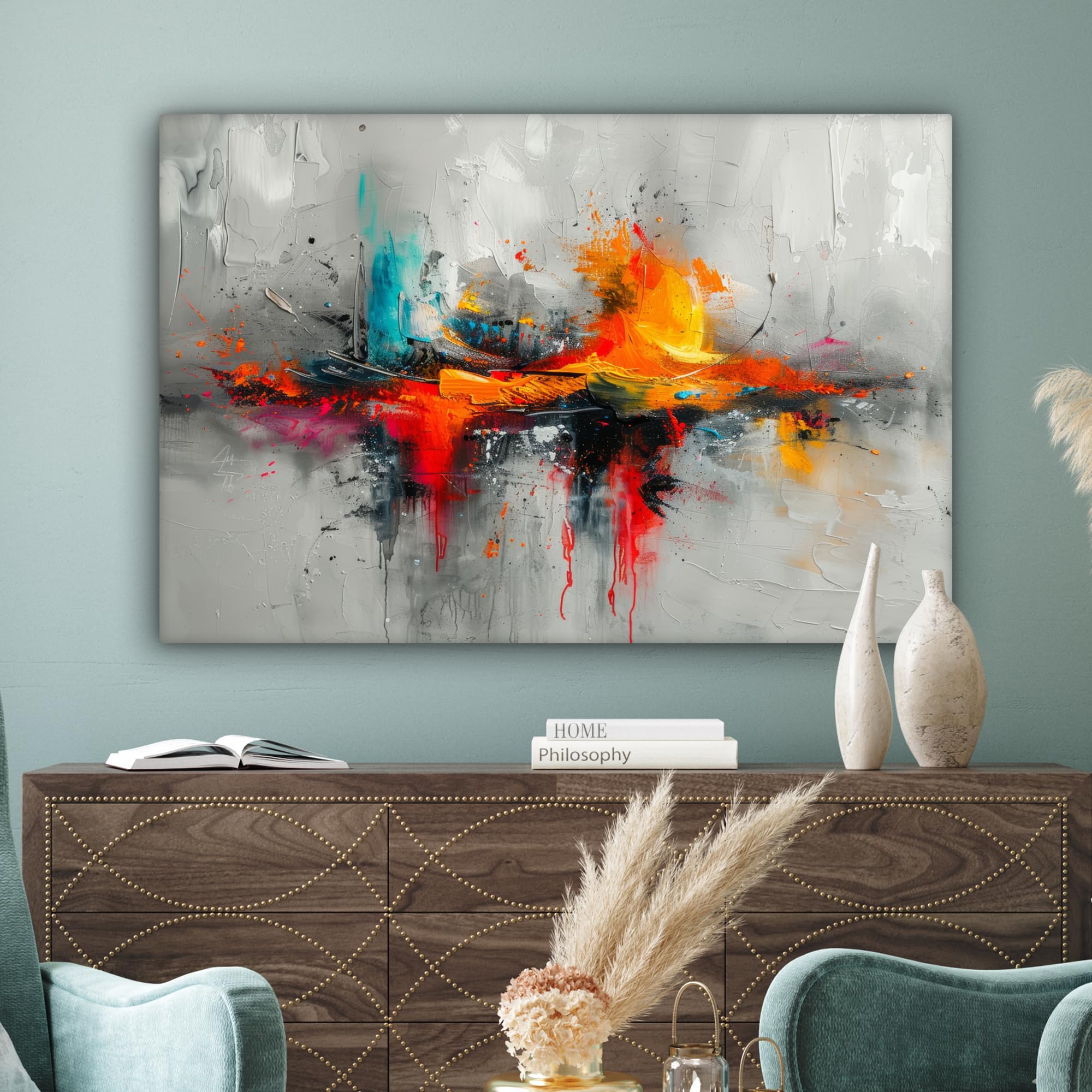 MuchoWow Leinwandbild 120x80 cm XXL Dekoration Wohnzimmer Modern Kunst Orange Grau Abstrakt