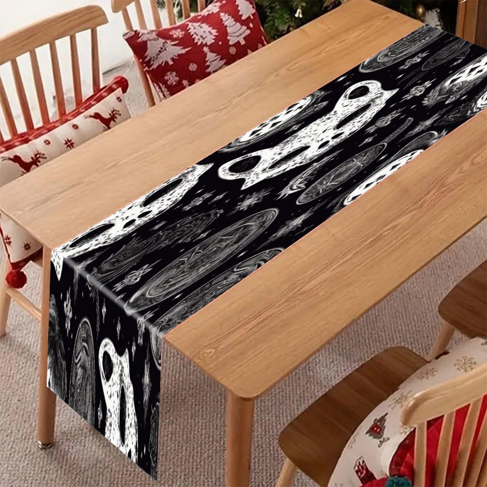 Adfgyerh Style Skull Cat Moon Gothic Table Runner，Pure Linen Chambray ,Boho Table Runner，Heavy Duty Washable Fabric Decorations ，For Party Kitchen Dining Table Coffee Holiday Party Decor (12X70.87 Inches)