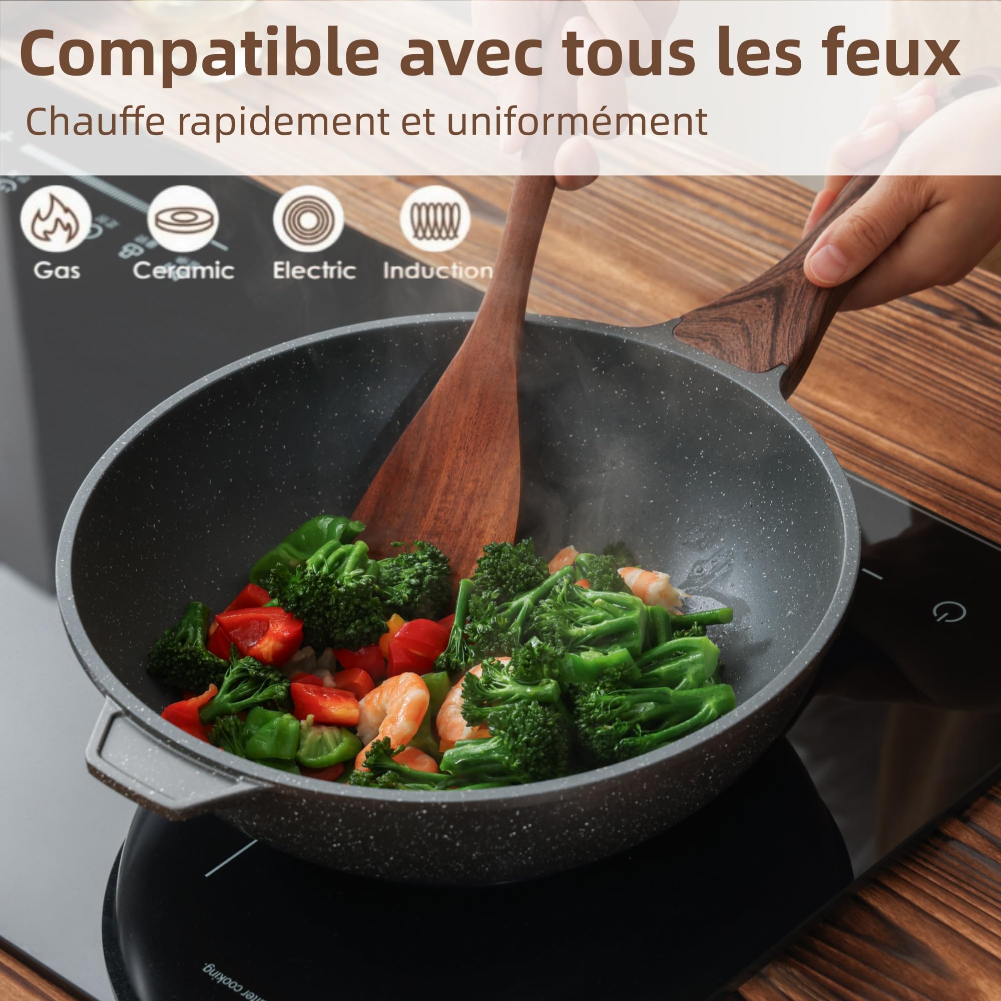 SENSARTE Poêle Wok 28 cm Antiadhésive avec Couvercle, Revêtement Granit Suisse ILAG Sans PFOA, Manche Ergonomique, Compatible Induction, Cuisson Saine