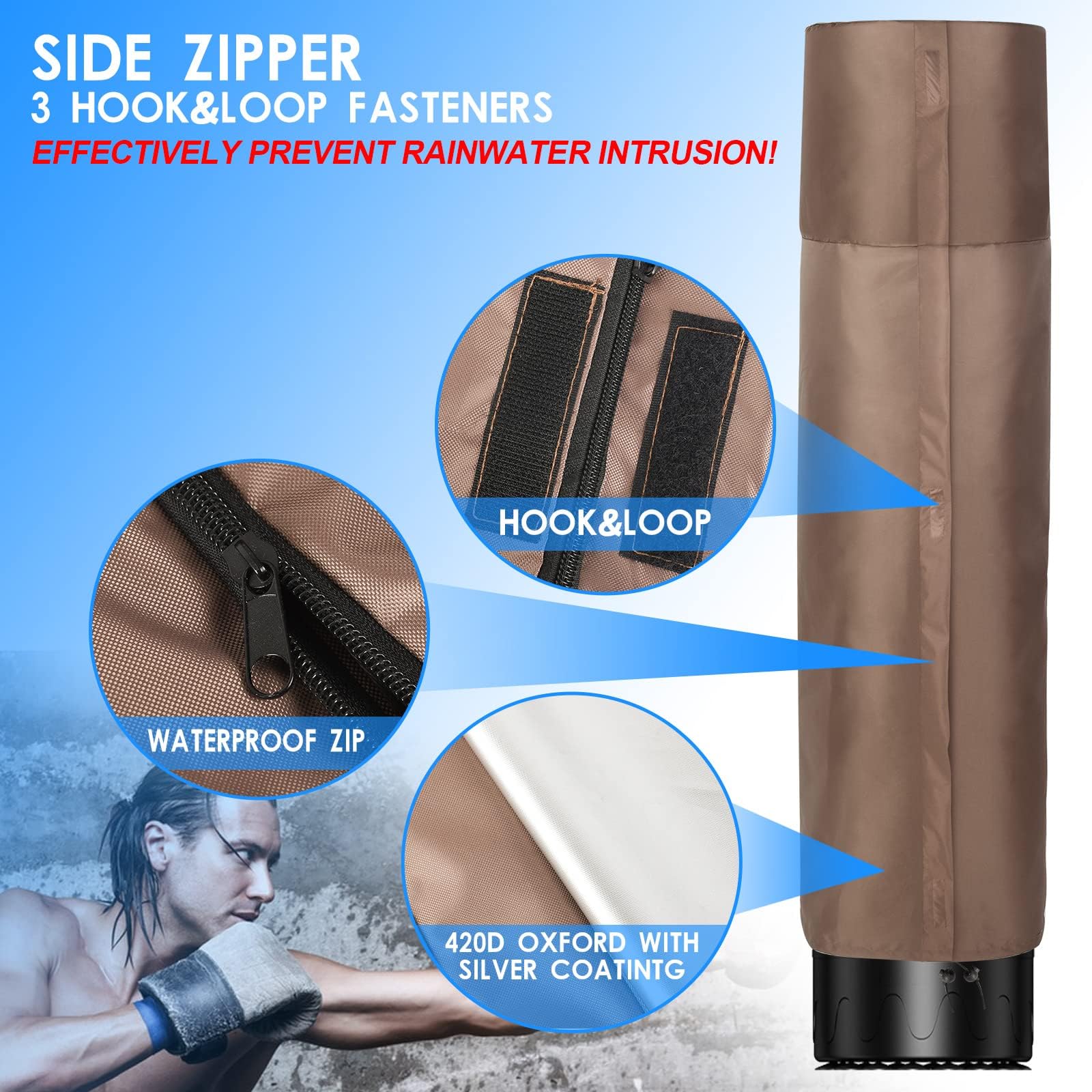 Funda Exterior para Saco de Boxeo, Cubierta Impermeable para Bolsa de Boxeo de Pie con Cremallera Lateral y Rejilla de Ventilación, 420D Oxford Marrón