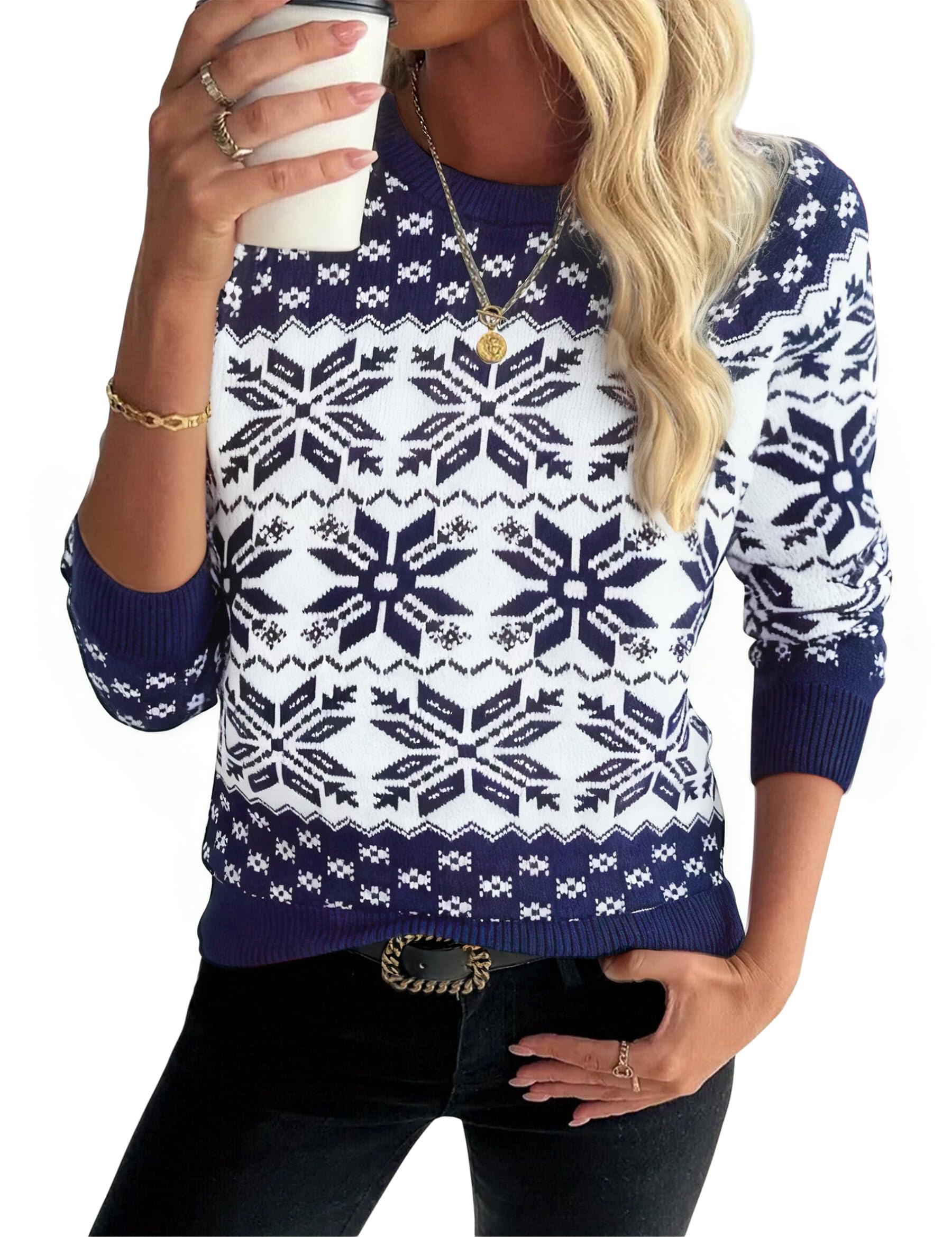Demegimi Weihnachtspullover Damen Norweger Schneeflocken Winter Pullover Warm Strickpullover Rundhals Langarm Christmas Sweater
