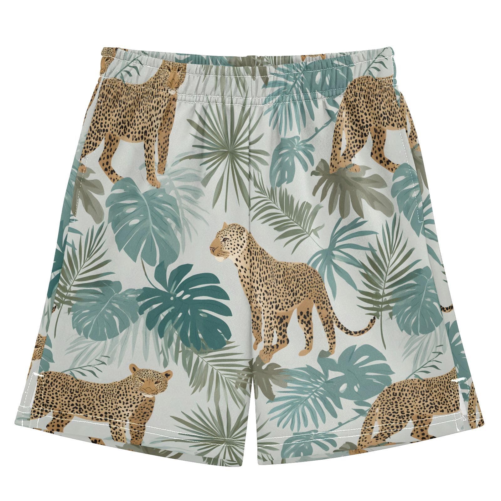 panksolu Tropical Leopards Palm Leaves Boys Athletic Shorts Kids with Pockets Shorts for boy Girls 12-13 Y