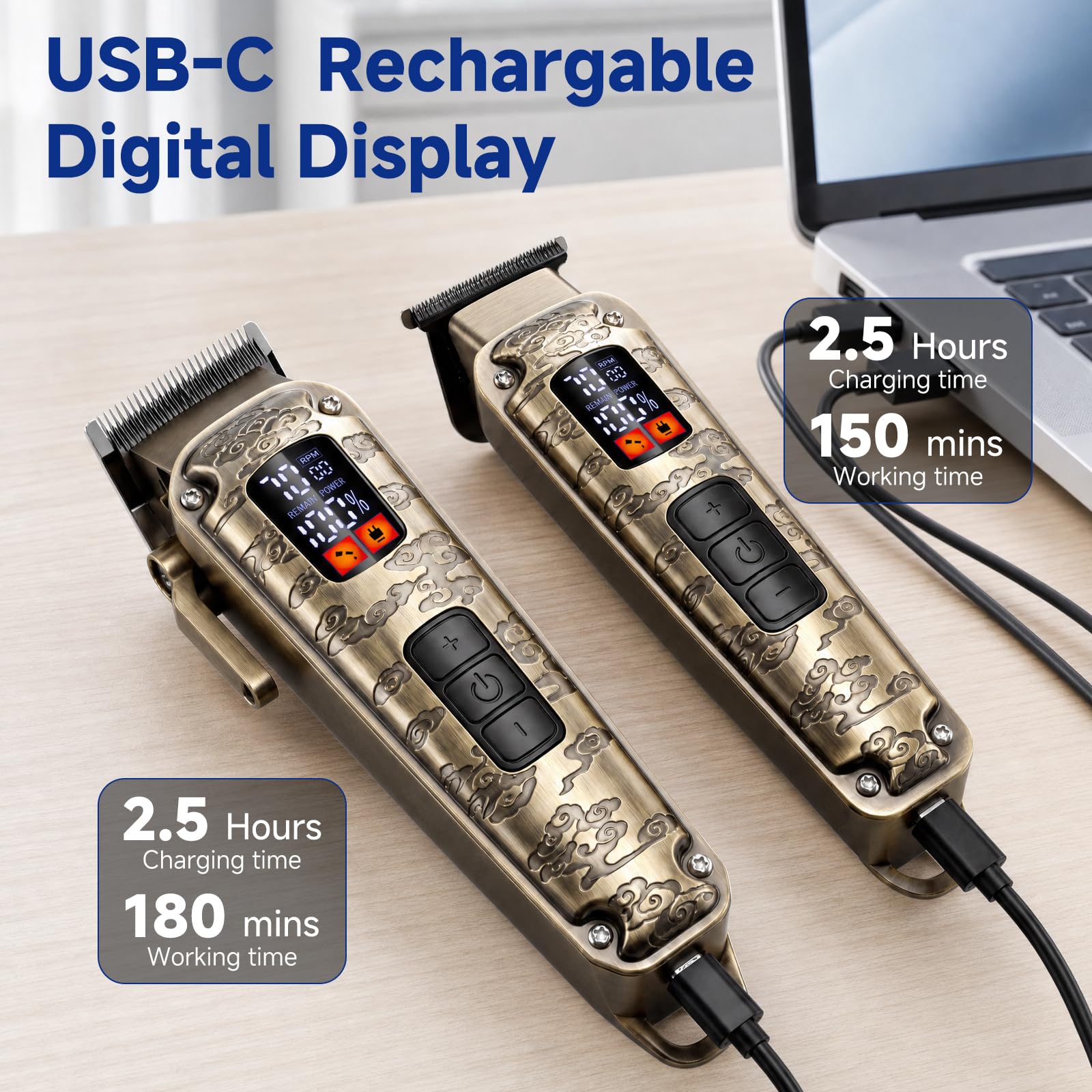 Hatteker Kit per tagliare i capelli da uomo, con lama a T, senza fili, display a LED, ricaricabile tramite USB (bronzo) | Kit per regolabarba con lama a T, tagliacapelli, kit per toelettatura senza fili, LED, ricaricabile tramite USB