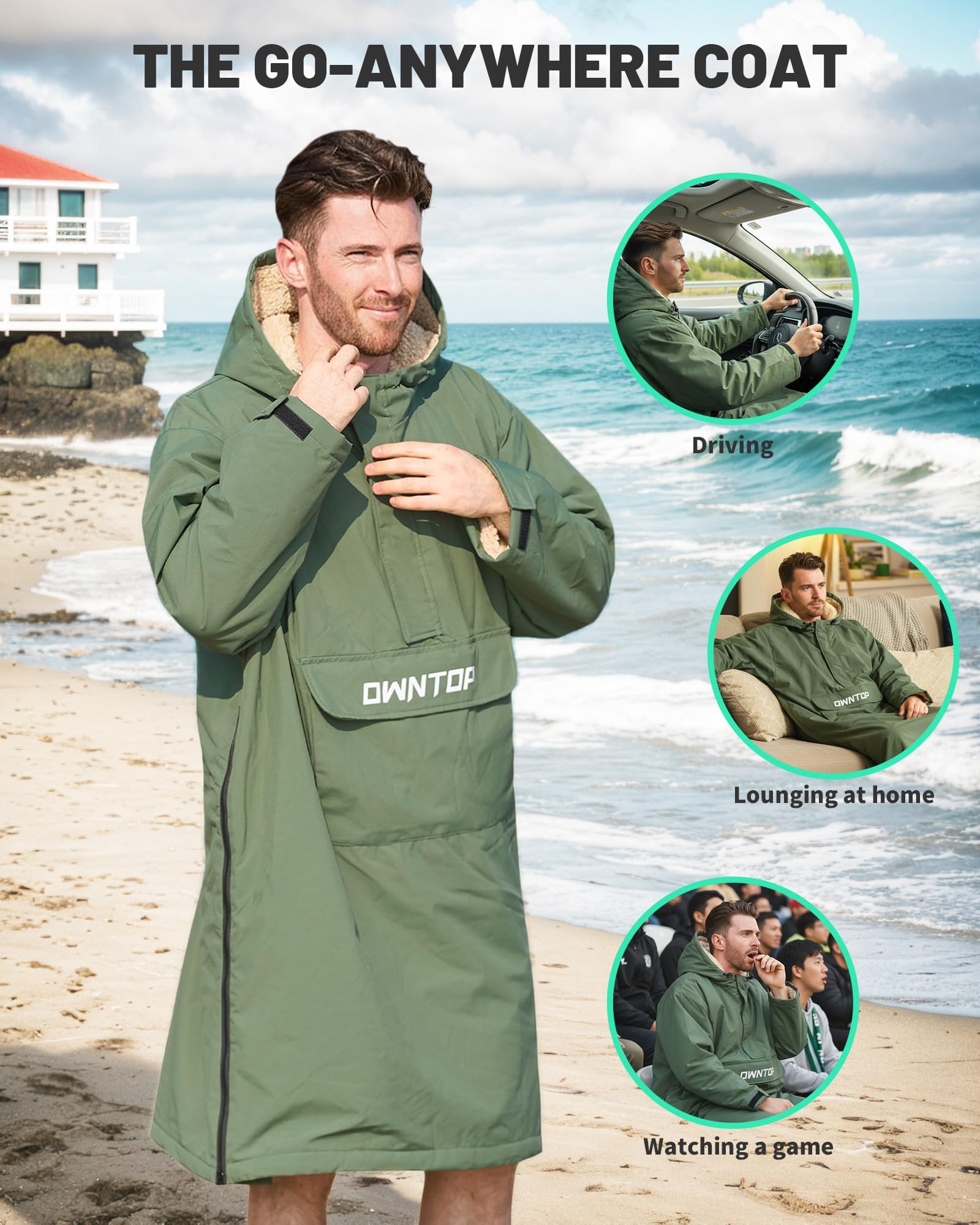 Owntop Cappotto Avvolgente Impermeabile per Adulti e Bambini - Cappotto semizipper Oversize Antivento con Fodera in Peluche Sherpa, Poncho Surf Ideale per cambiarsi e asciugarsi Dopo Spiaggia