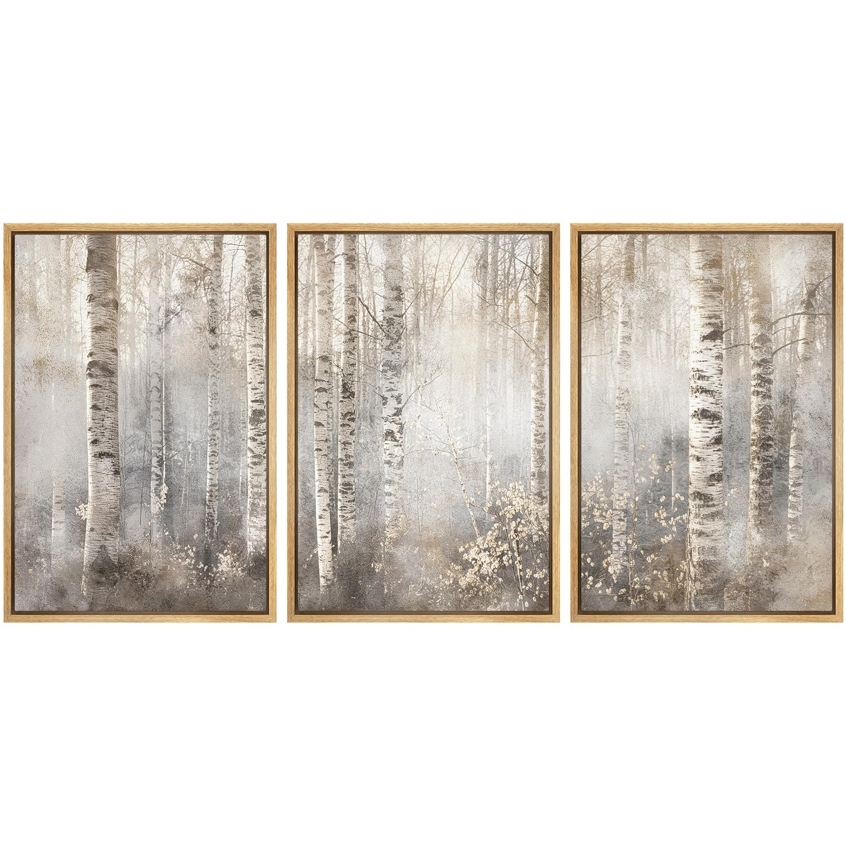 SIGNWIN Framed Canvas Print Wall Art Set Serene Birch Tree Forest in Soft Tones Illustrations Modern Bohemian Scenic Colorful Ultra for Living Room,