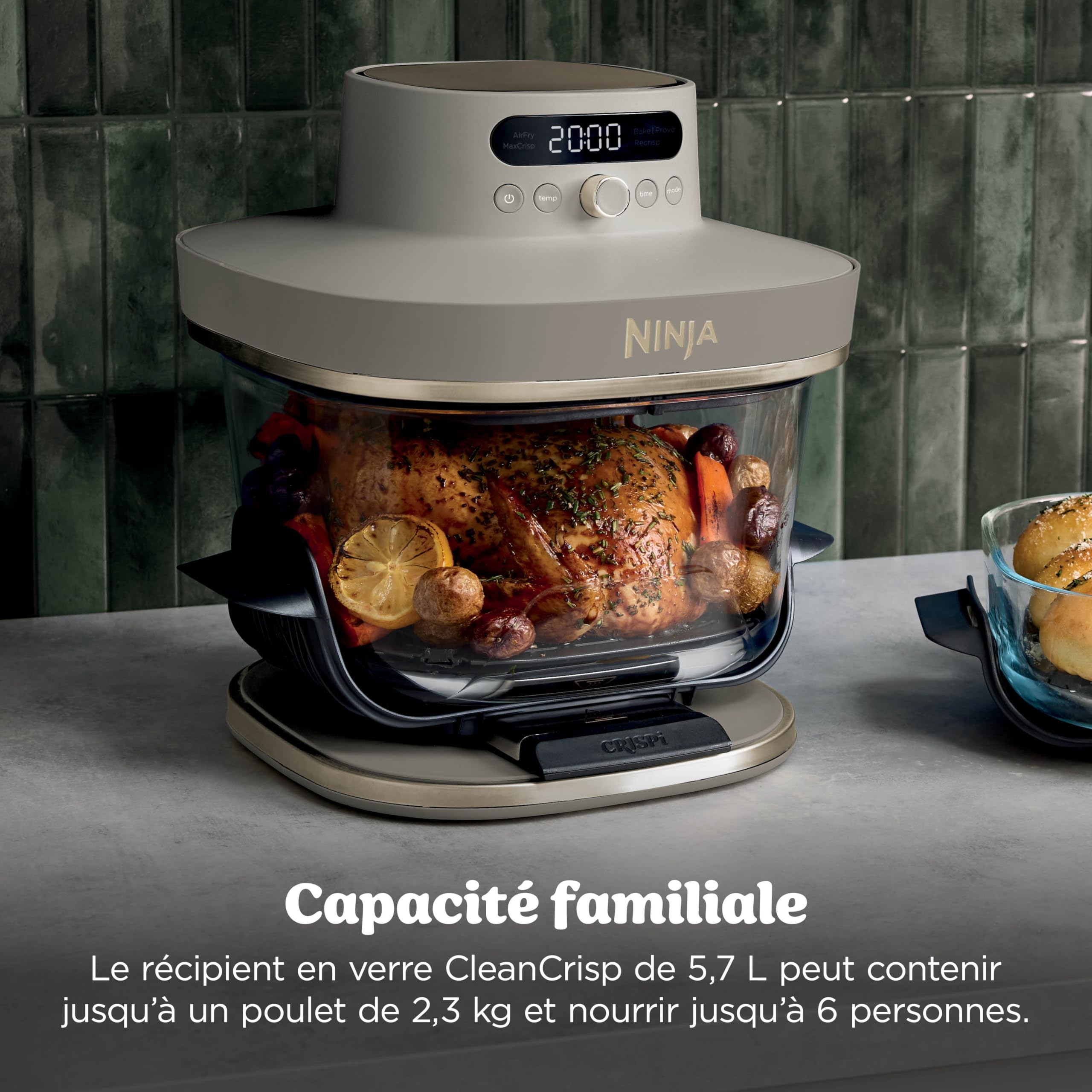 Ninja CRISPi PRO XL, Friteuse sans huile, bols 5,7l et 2,3l AS090EUSD | 5 modes de cuisson prédéfinis, avec contenants en verre CleanCrisp de 5,7 l et 2,3 l, couvercles de rangement, Stone/Or