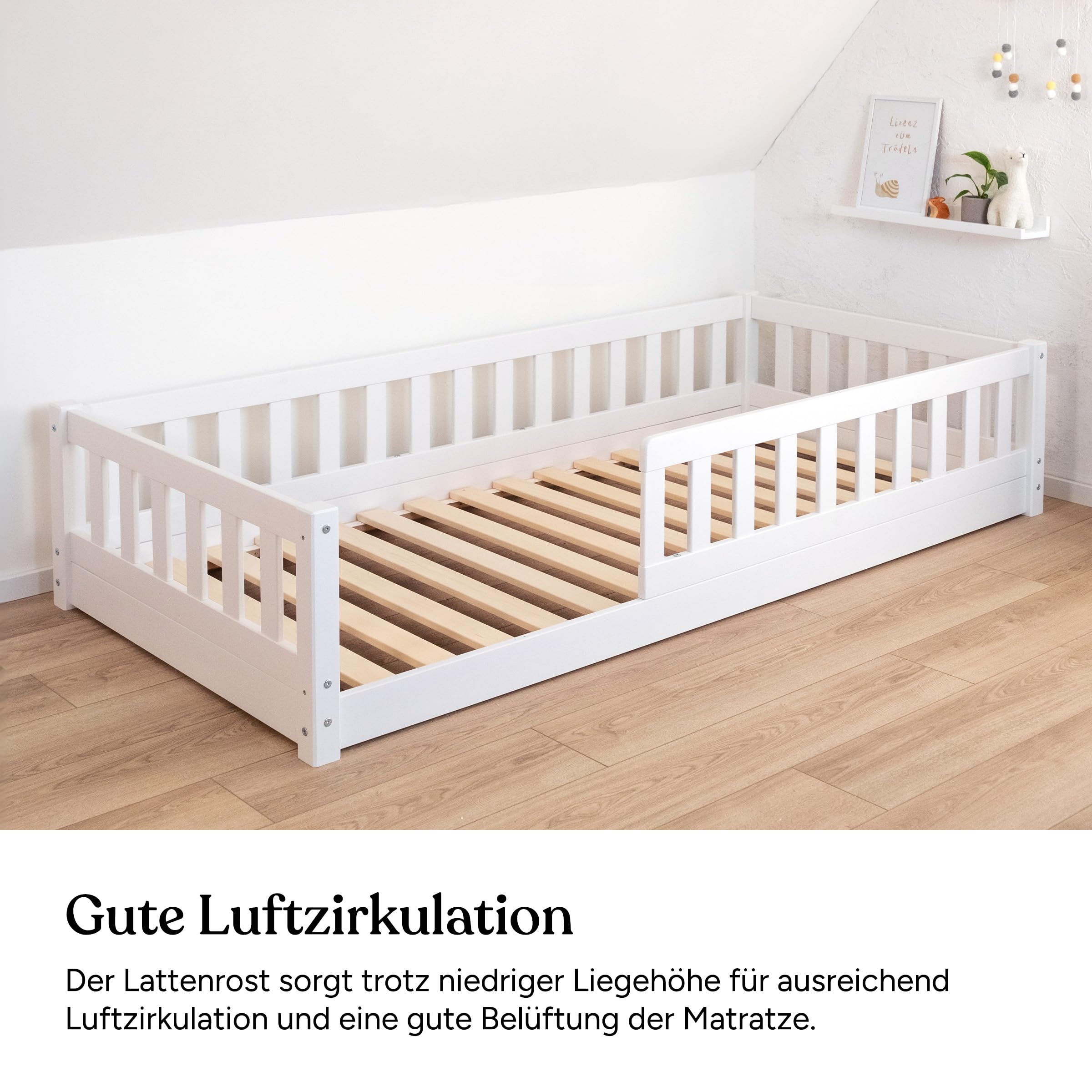 Ehrenkind® Bodenbett Lille | Kinderbett mit abnehmbaren Rausfallschutz aus Massivholz FSC® zertifziert inkl.hochwertigem Lattenrost | Bodenbett 90x200 | Kinderbett 90x200 Weiß