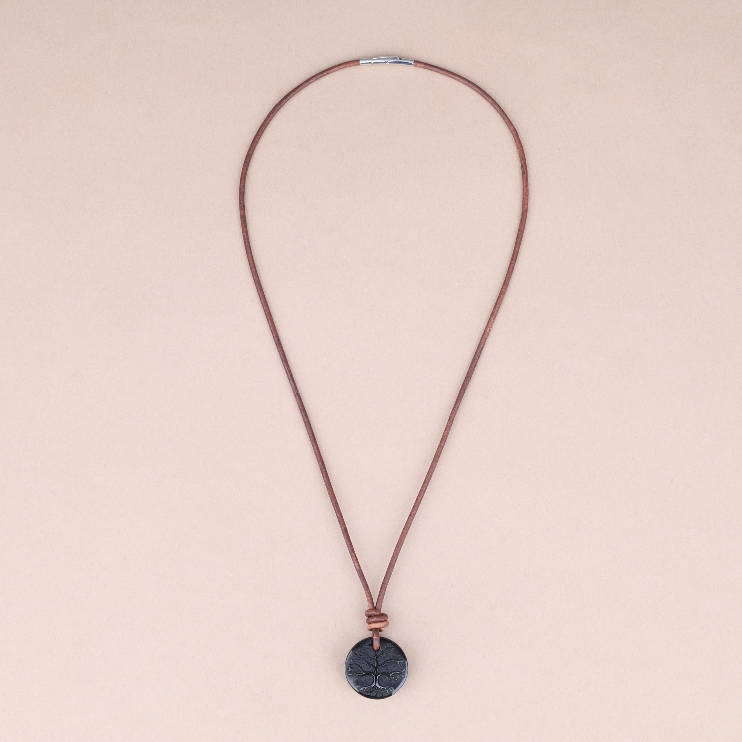 COAI Collier Cuir Homme/Femme, Pendentif Obsidienne Noire, Pendentif Arbre de Vie