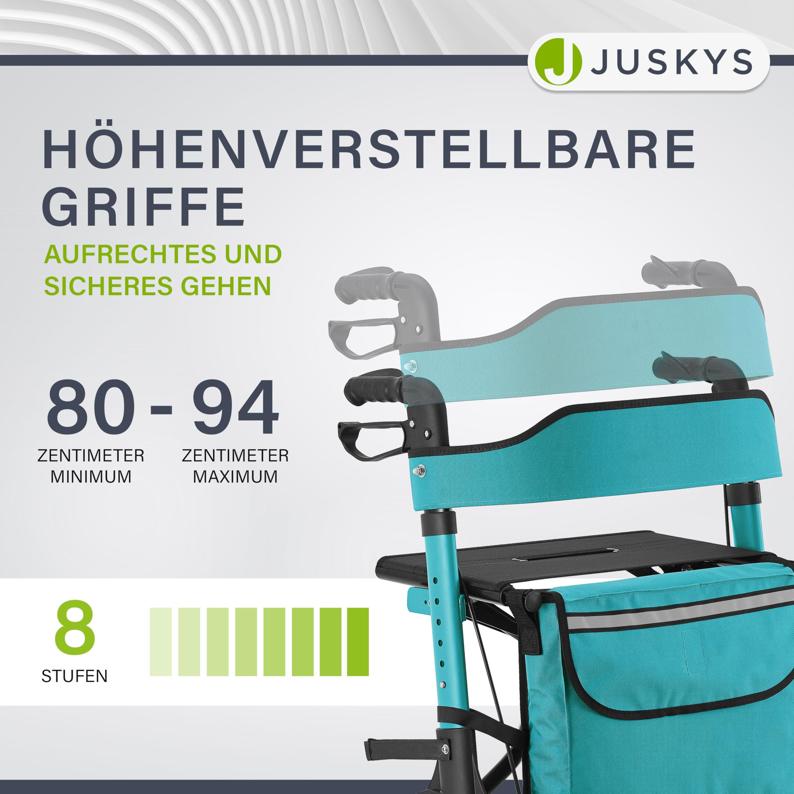 Juskys Rollator Vital petrol - Gehhilfe faltbar & leicht aus Aluminium bis 130 kg - Laufhilfe höhenverstellbar mit Sitz, Tasche & Regenschirmhalterung