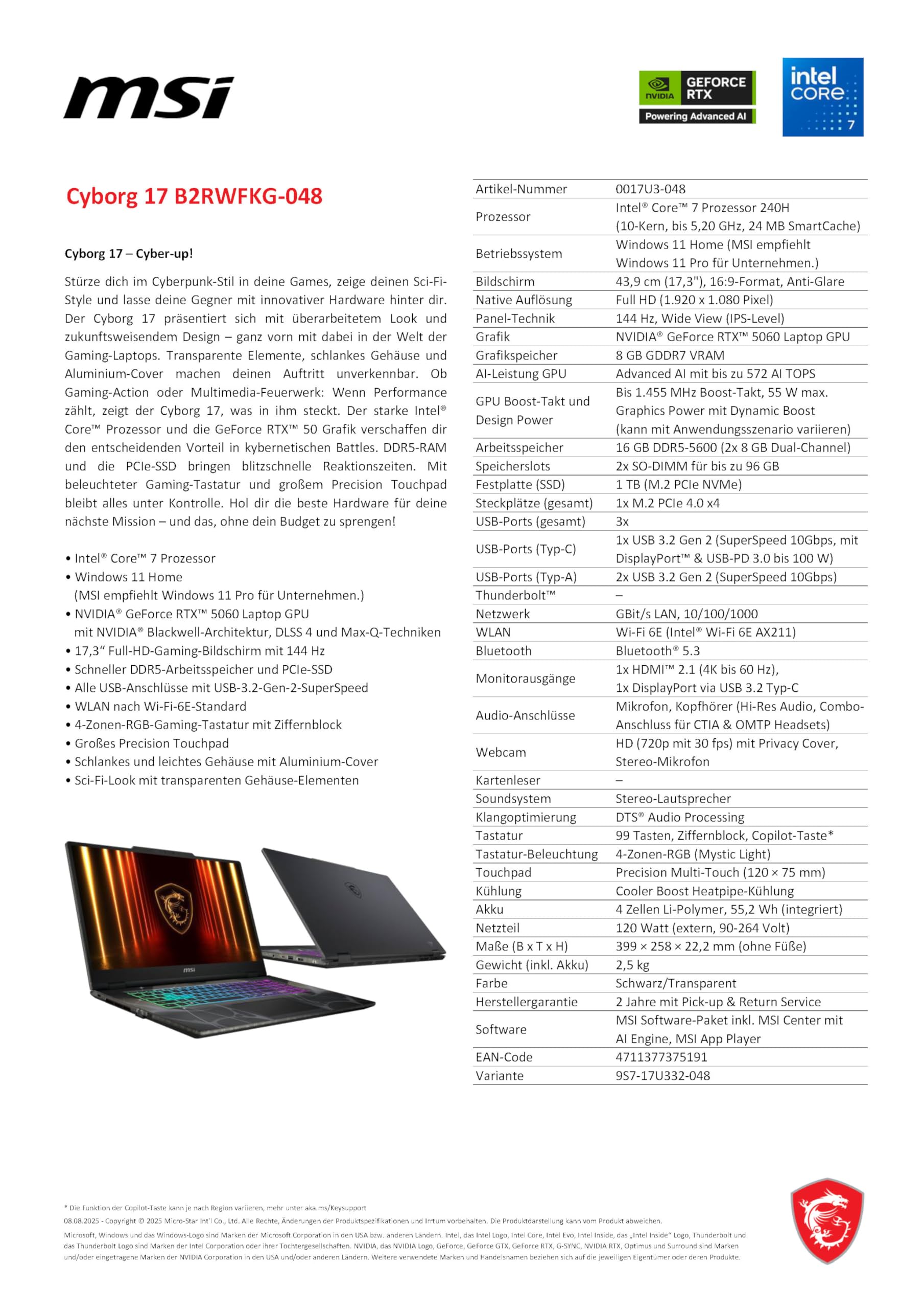 MSI Cyborg B2RWFKG-048 - Computer portatile da gioco con schermo da 17,3" Full HD 144 Hz, Intel Core 7 240H, NVIDIA GeForce RTX 5060, 16 GB DDR5, SSD 1 TB, Windows 11 Home, con 1 mese di GamePass