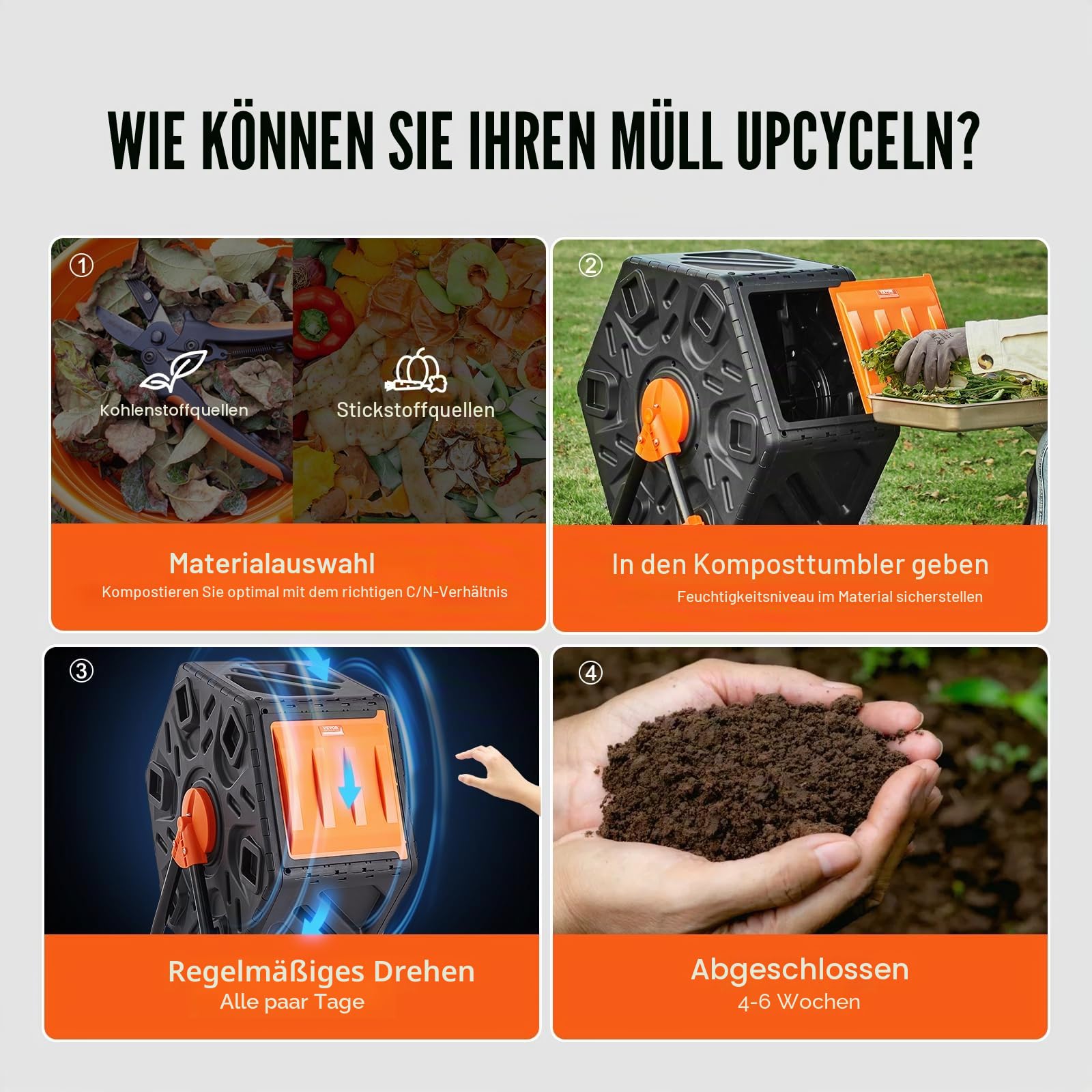 VEVOR Tumbling-Komposterbin Komposter Tumbler 70 L, Trommelkomposter 360° Drehbar Multifunktionaler Tumbling Komposter 605 x 510 x 730 mm, 20 kg Belastbarer Garten Kompostbehälter inkl. Handschuhe