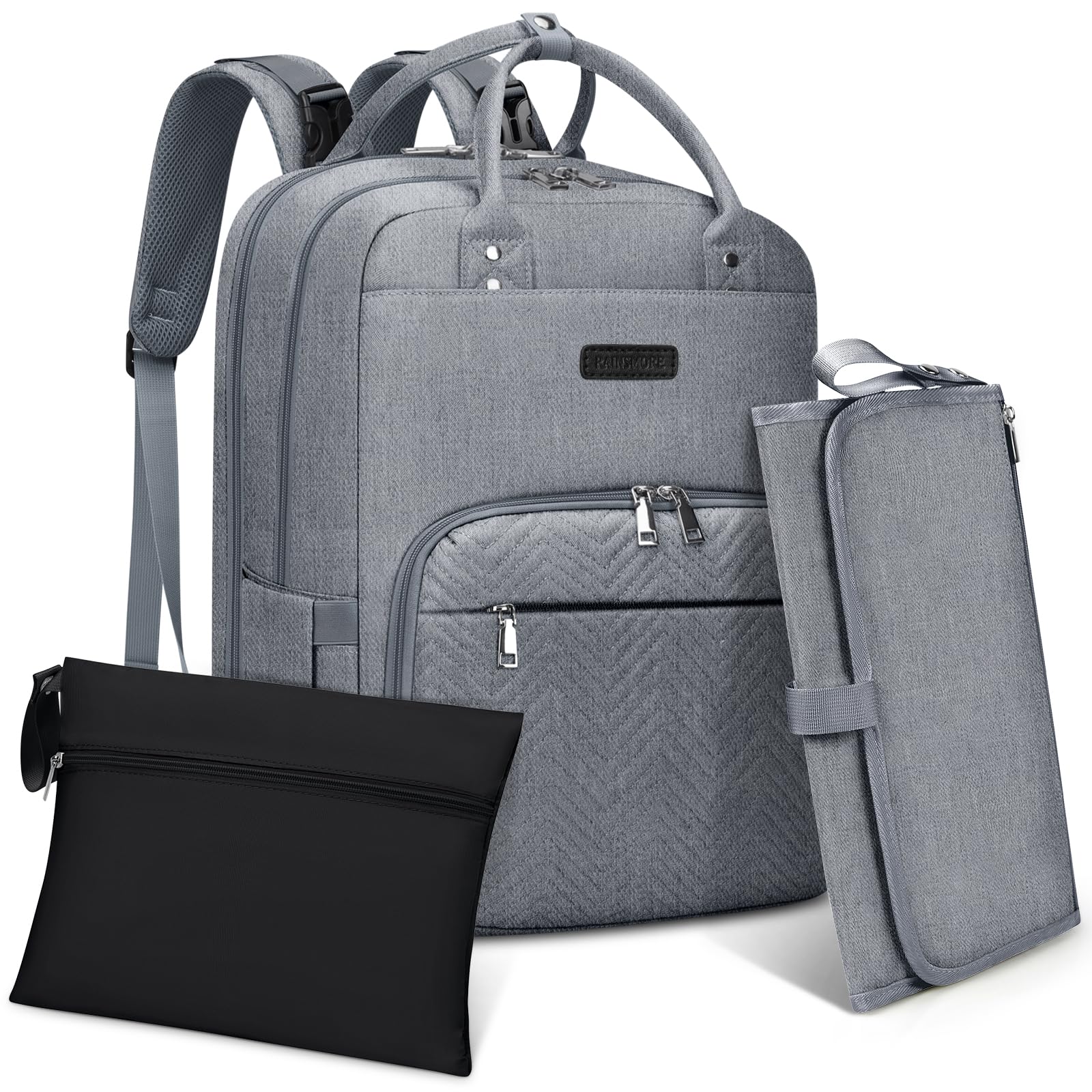 RAINSMORE Wickelrucksack Baby Wickeltasche Rucksack mit Wickelunterlage Unterwegs Groß Diaper Bag Multifunktions Baby Taschen für Mama und Papa Grau