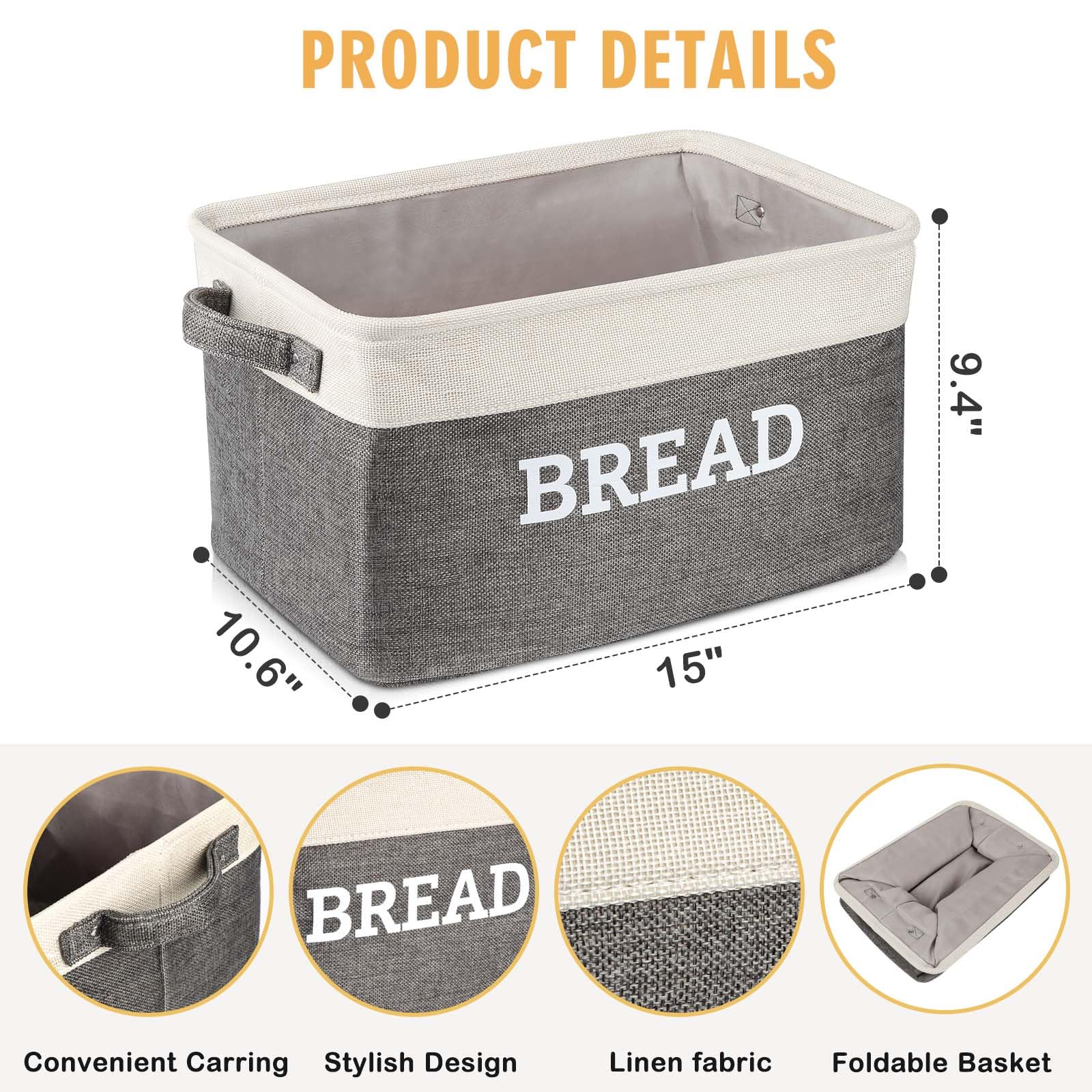 Lukeline Panier de rangement à pain pour cuisine, boîte de rangement pliable en tissu avec poignées, paniers à pain pour comptoir de cuisine et garde-manger, rangement du pain pour comptoir de cuisine