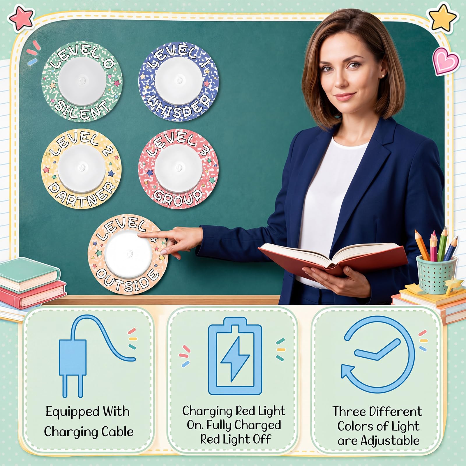 ZeahVeyora Magnetisches Sprachpegel-Poster und 5 Schule-Lichter, Kompositions-Notizbuch, Thema, Sprachpegeldiagramm, Klassenzimmer-Regeln, Geräuschmanagement-Werkzeuge für Grundschullehrer