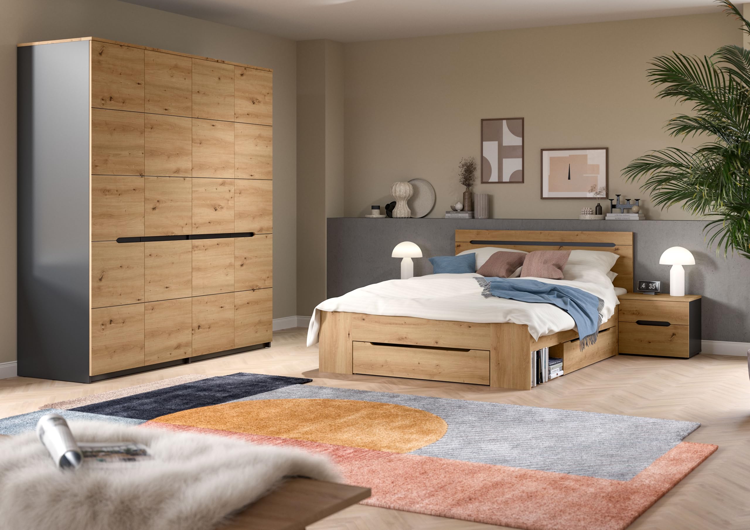 xonox.home – 4 TLG. Schlafzimmer-Set Canu in Artisan Eiche Nachbildung und Athrazit – Modernes Schlafzimmer mit viel Stauraum – stilvoll, langlebig & pflegeleicht