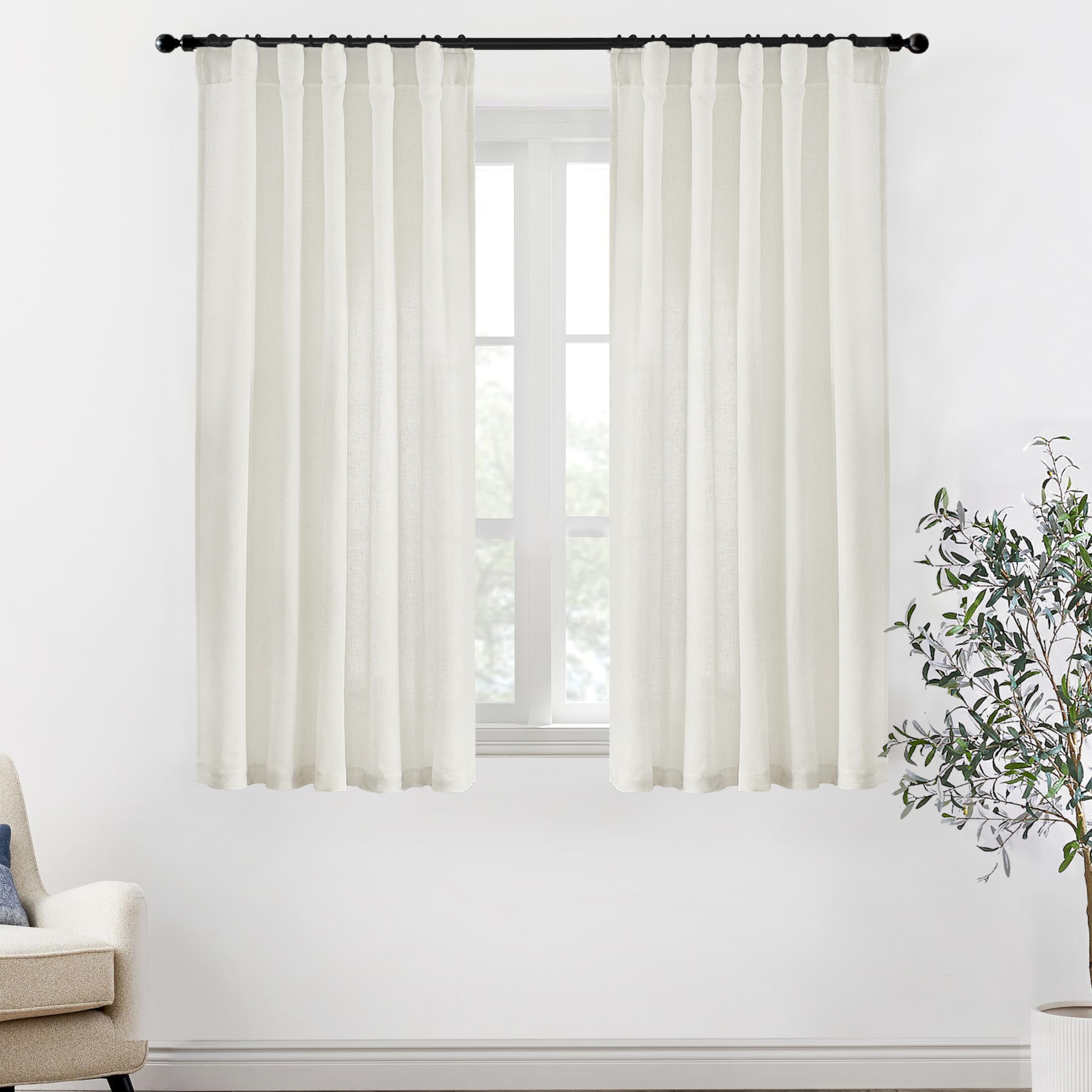 XTMYI 54 Inch Length Sheer Curtains 2 Panels Set for Bathroom,Linen Cotton Semi Privacy Boho Short Curtains for Kitchen Window Bedroom Living Room,40x54 in Long,Cream Ivory Off White