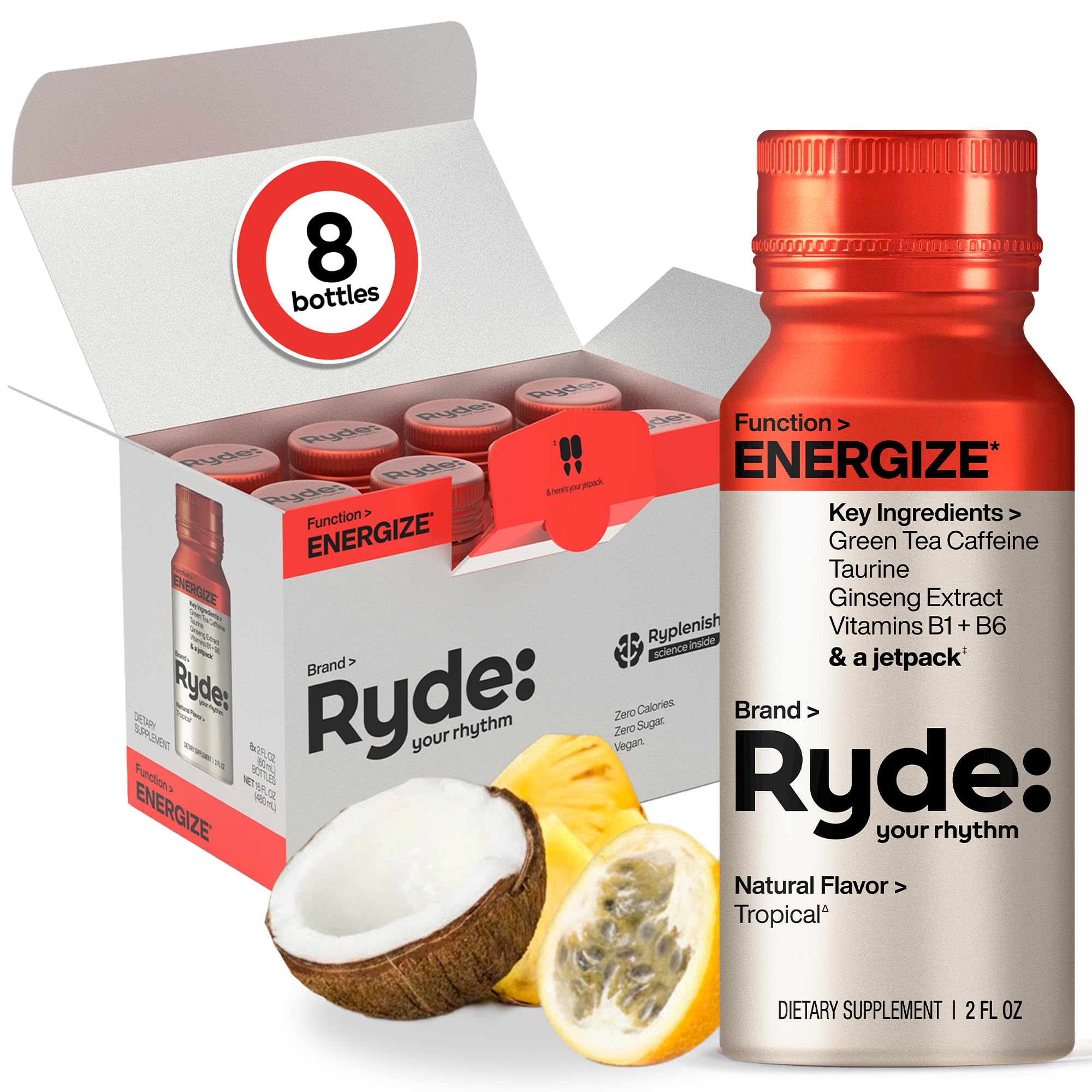 RYDE YOUR RHYTHM Shot de Energia Energize, sabor tropical, zero açúcar, 8 unidades de 60 mL