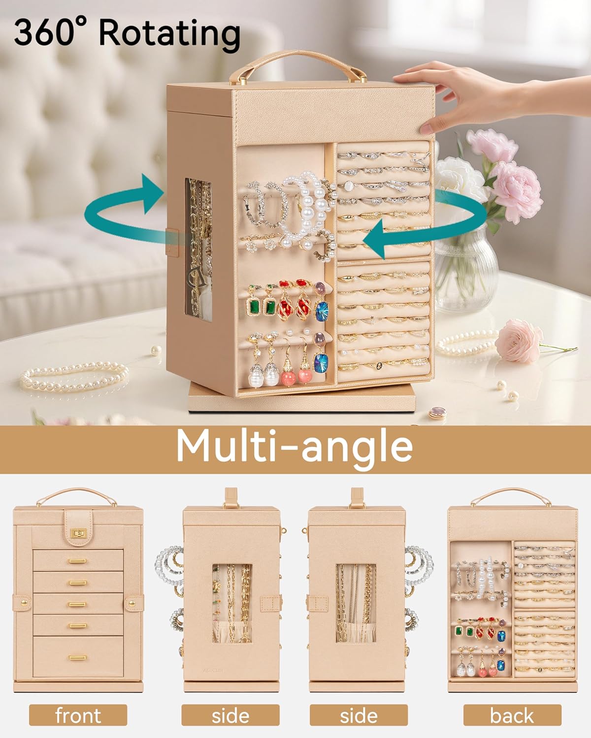 AKOZLIN Jewelry Box 6-Tier Organizer Functional 360° Rotating Jewelry Storage Case for Women Girls Ring Necklace Earring Bracelet Holder with Mirror - Image 2